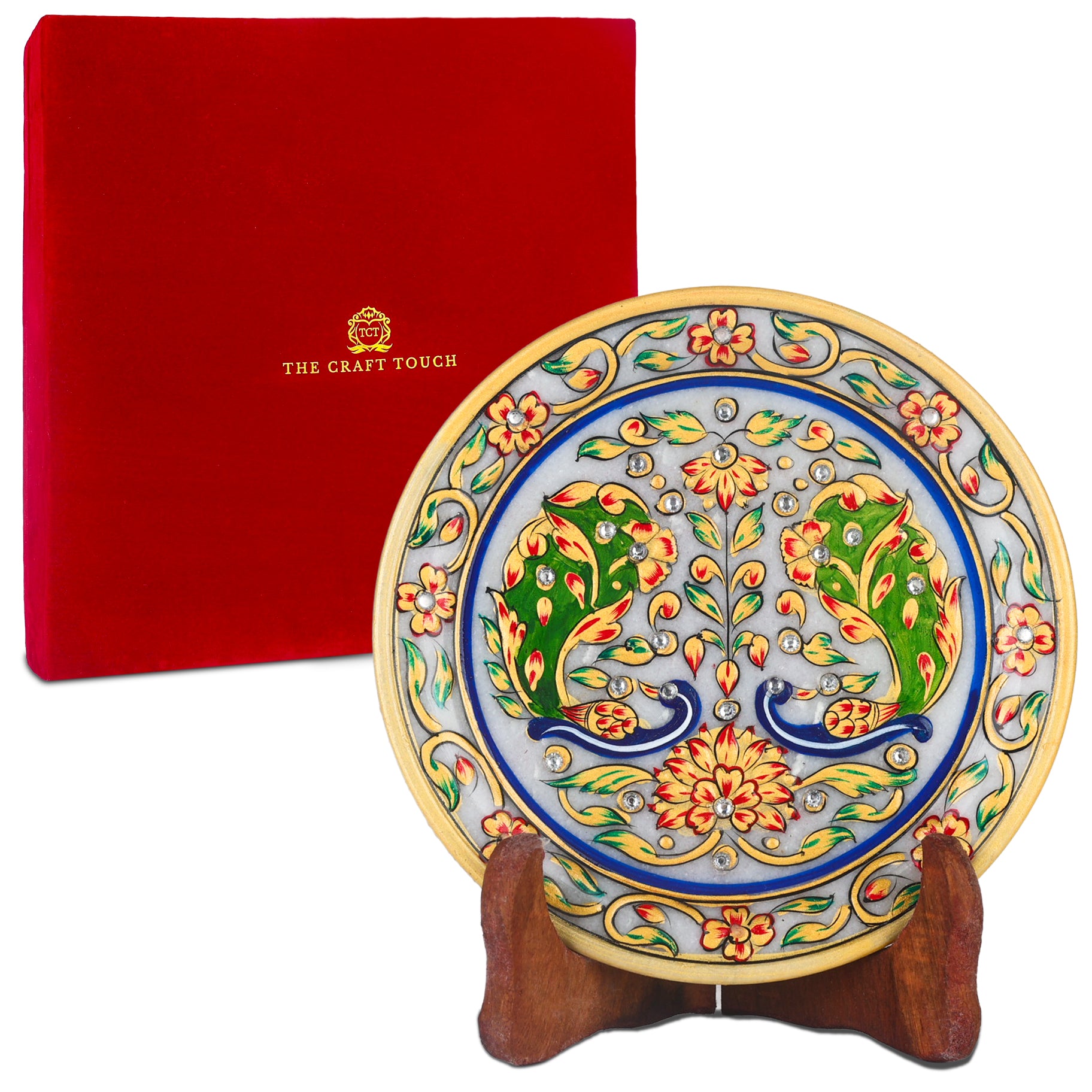 Handcrafted Marble Art Plate – Floral & Peacock Design 6inch (With Velvet Box)