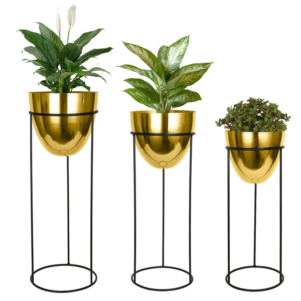 Modern Gold Planter Set – Glossy Finish with Black Stand