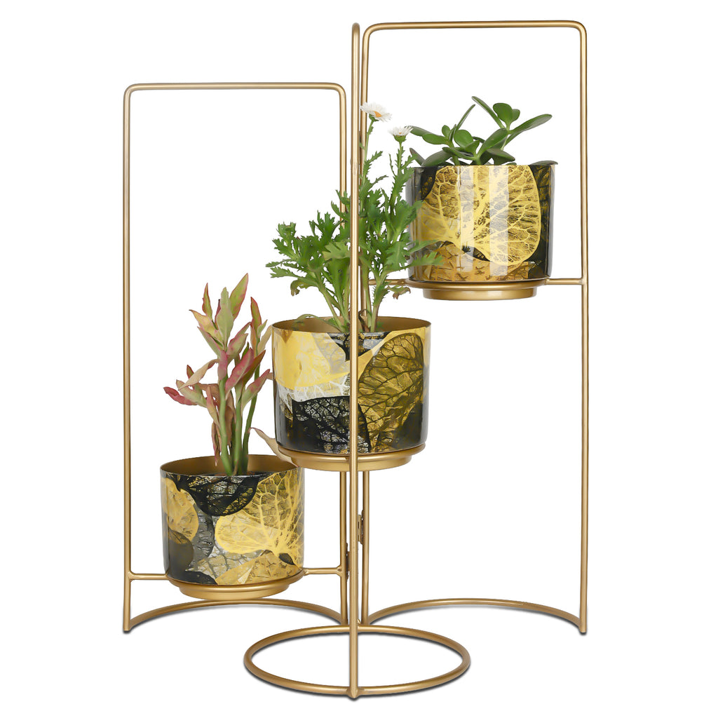3-Tier Gold Frame Planter Stand with Gold Botanical Leaf Pots