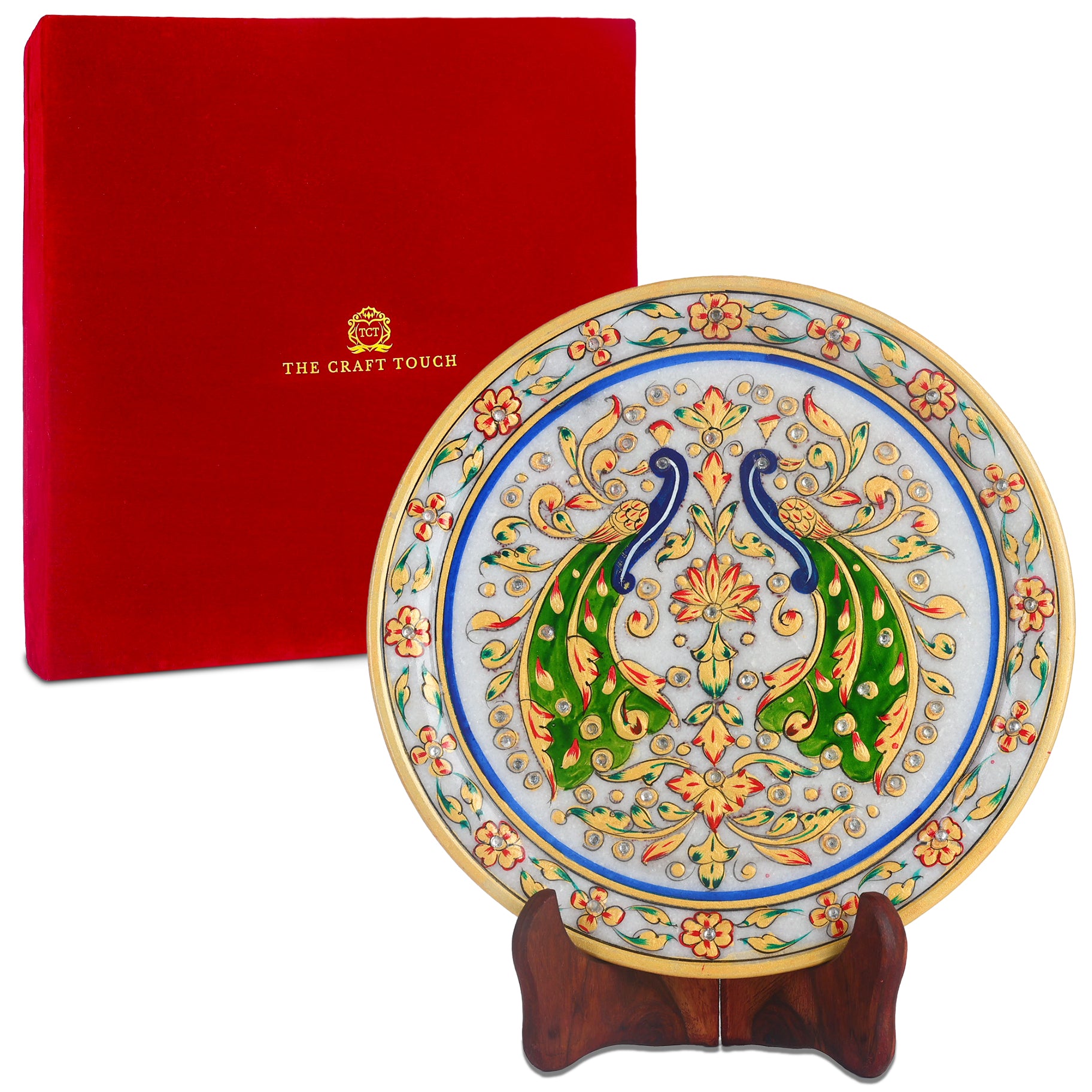 Luxury Handcrafted Marble  art Plate – Peacock & Floral Design 9inch (With Velvet Box)