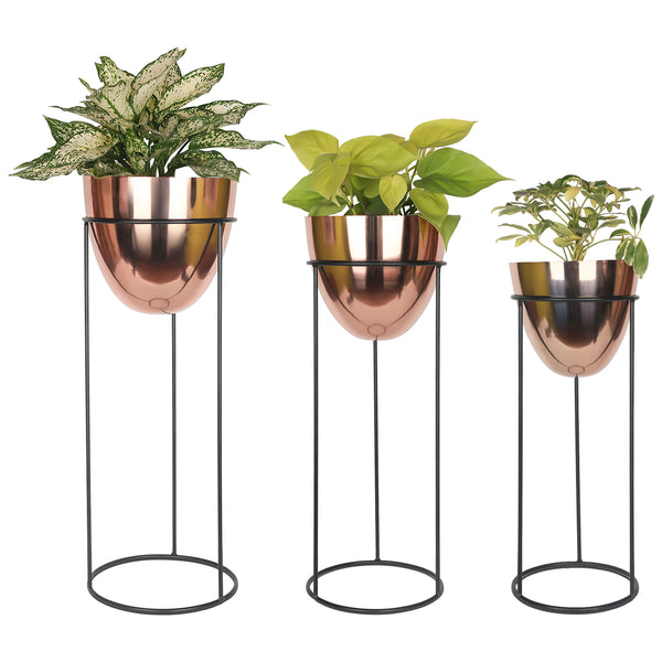 Modern Copper Planter Set – Glossy Finish with Black Stand