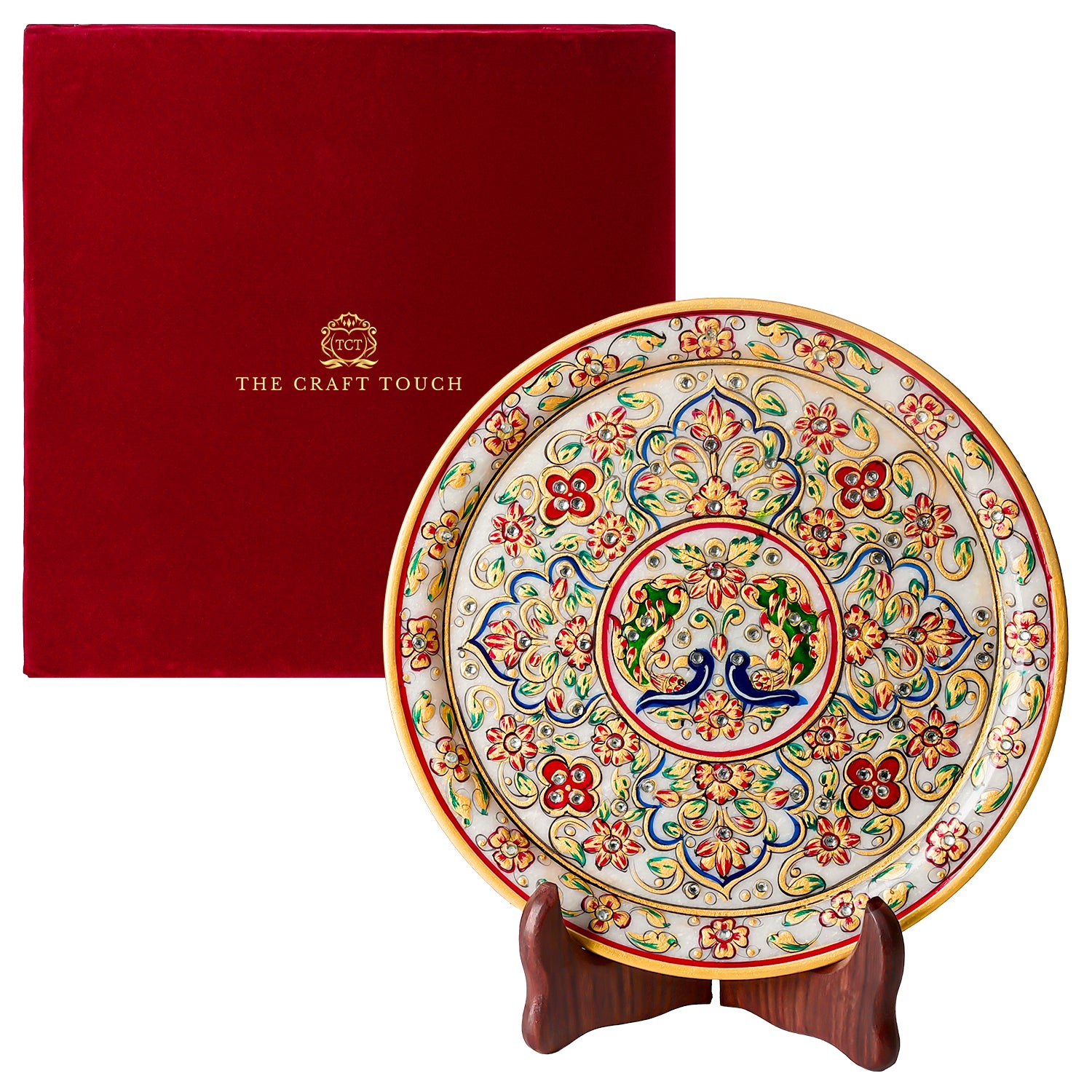 Traditional Elephant Marble Art Plate with Intricate Floral Design