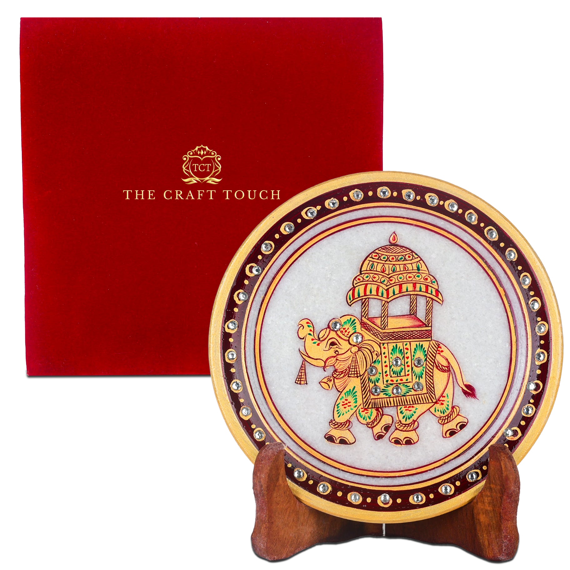 Handcrafted White Marble Art Plate – Gold Elephant Design 6inch (With Velvet Box)