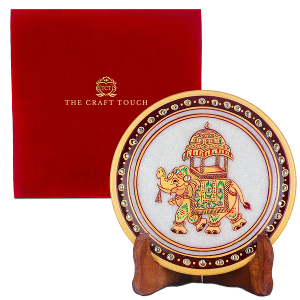 Handcrafted White Marble Art Plate – Gold Elephant Design 6inch (With Velvet Box)