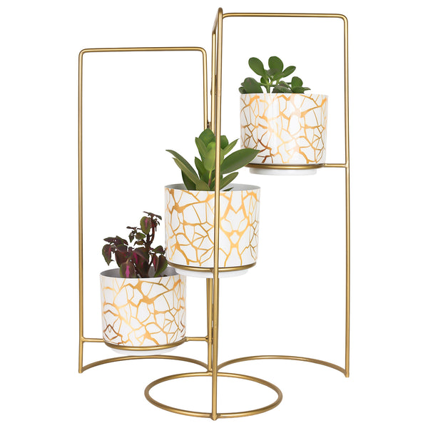 3-Tier Gold Frame Planter Stand with White & Gold Design pots