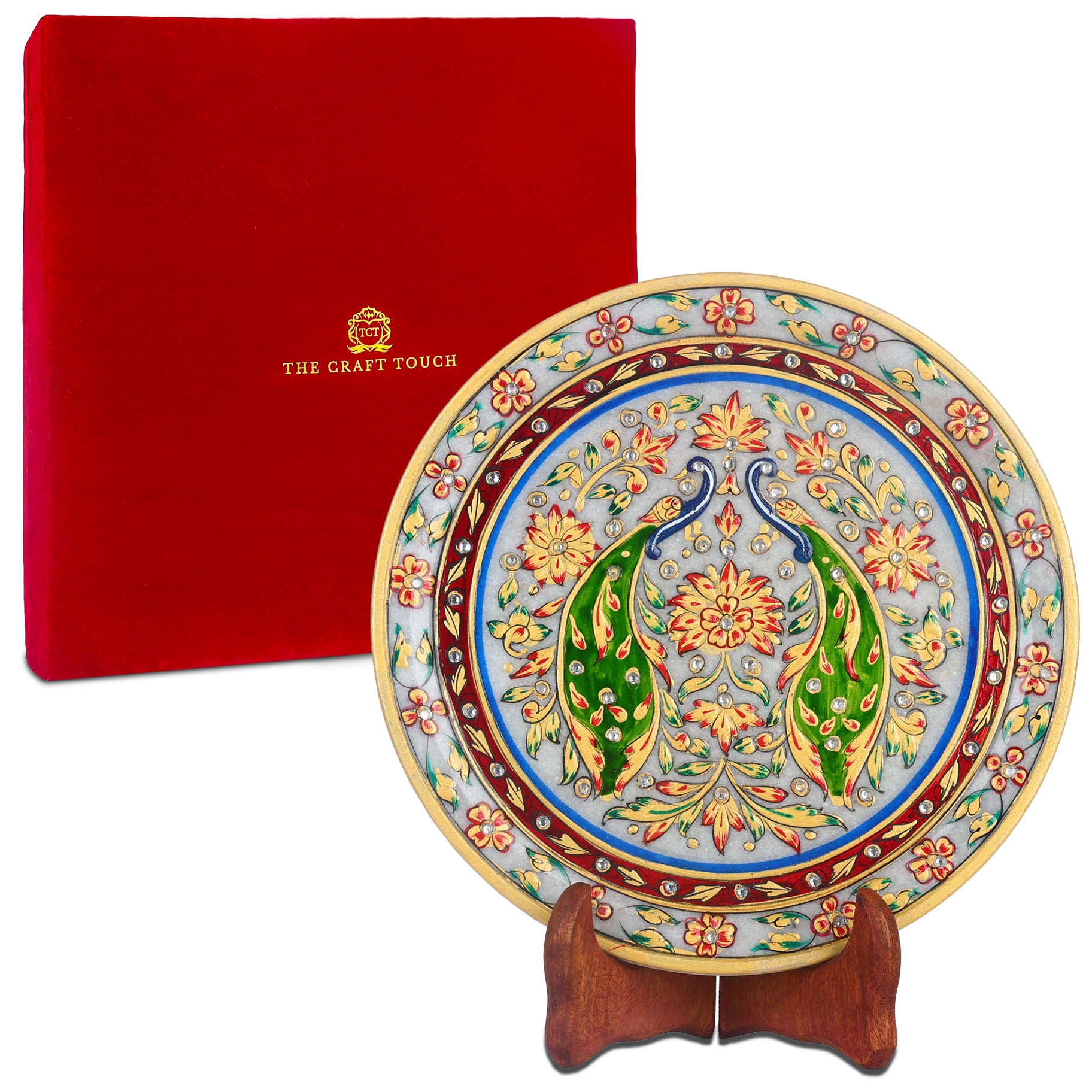Luxury Handcrafted Marble  art Plate – Peacock & Floral Design 9Inch. (With velvet Box)