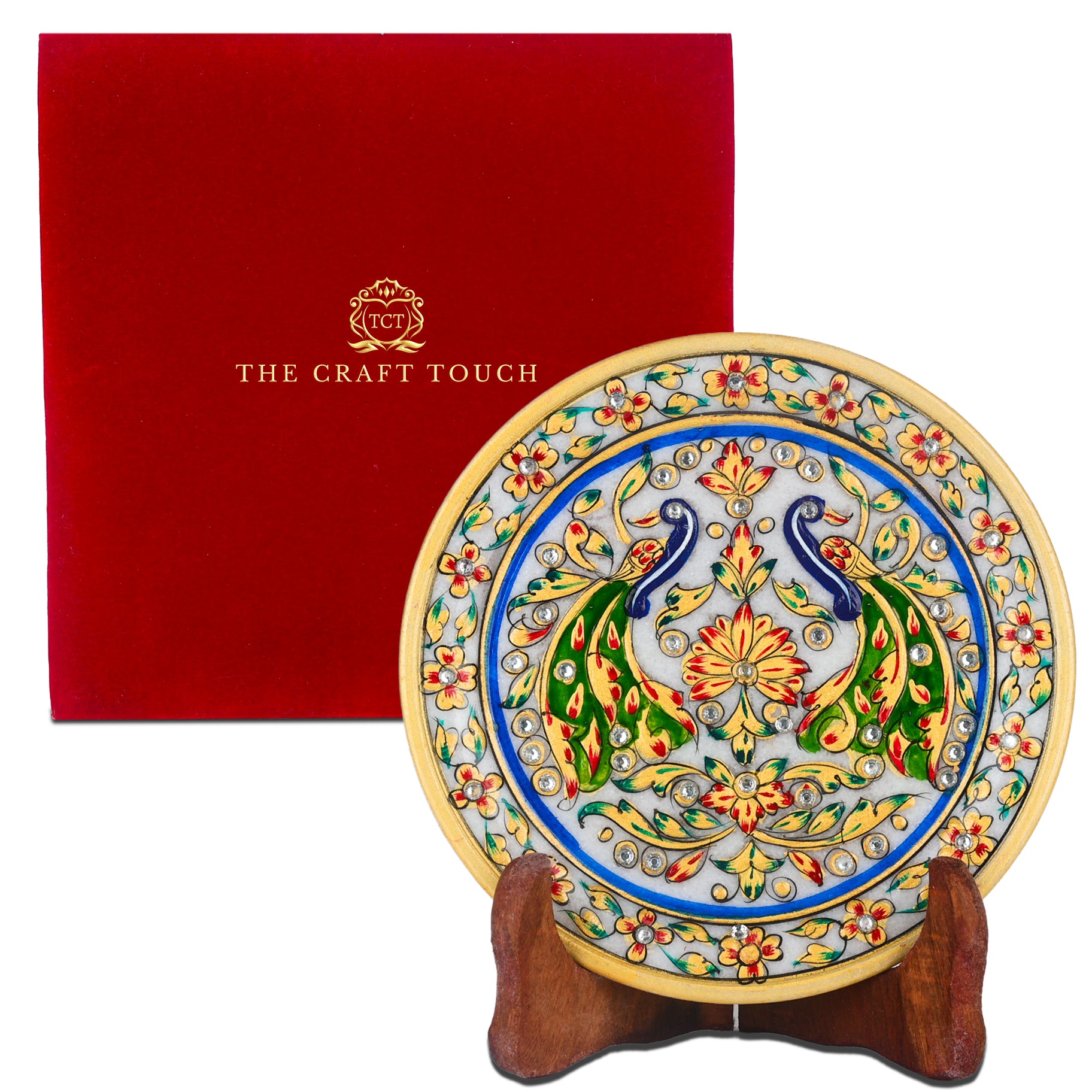 Handcrafted Marble Art Plate – Floral & Peacock Design 6inch (With Valvet Box)