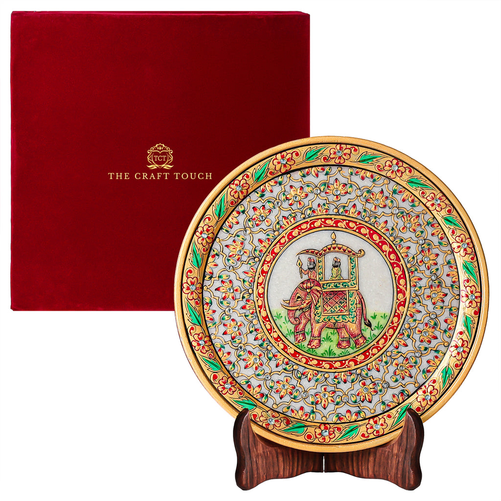 Luxury Handcrafted Marble Art Plate– Peacock & Floral Design (With Velvet Box)
