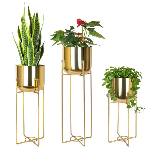 Gold Metal Planter Set – Sleek Design with Modern Stand