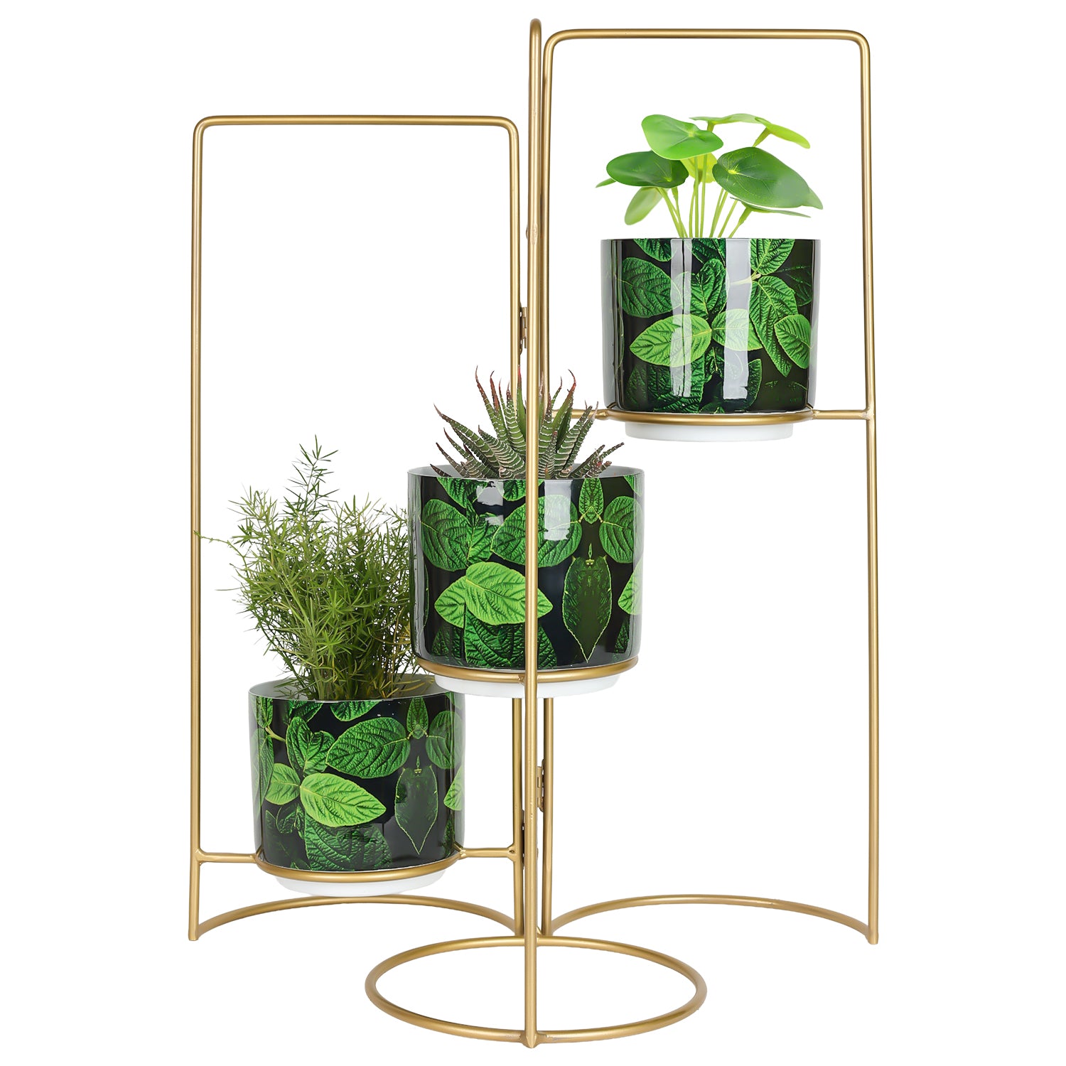 3-Tier Gold Frame Planter Stand with Green Botanical Leaf Pots