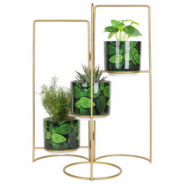 3-Tier Gold Frame Planter Stand with Green Botanical Leaf Pots