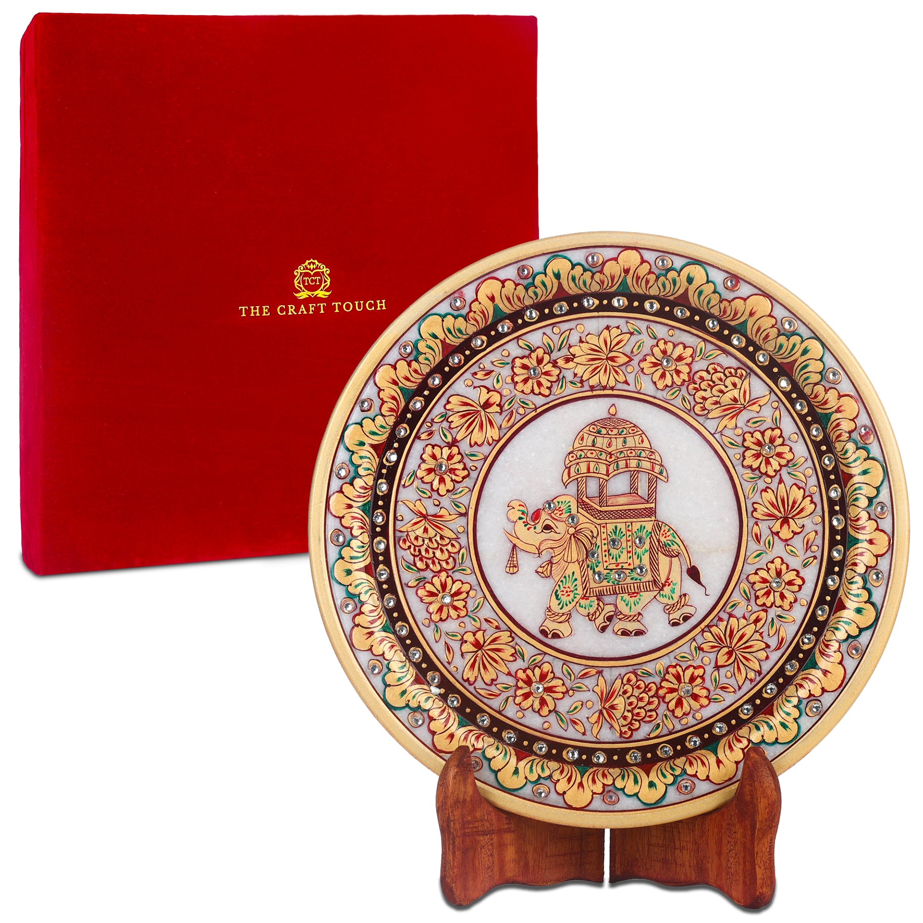 Handcrafted Marble Art Plate – Elephant Design with Gold & Floral Motif 9inch (With Velvet Box)