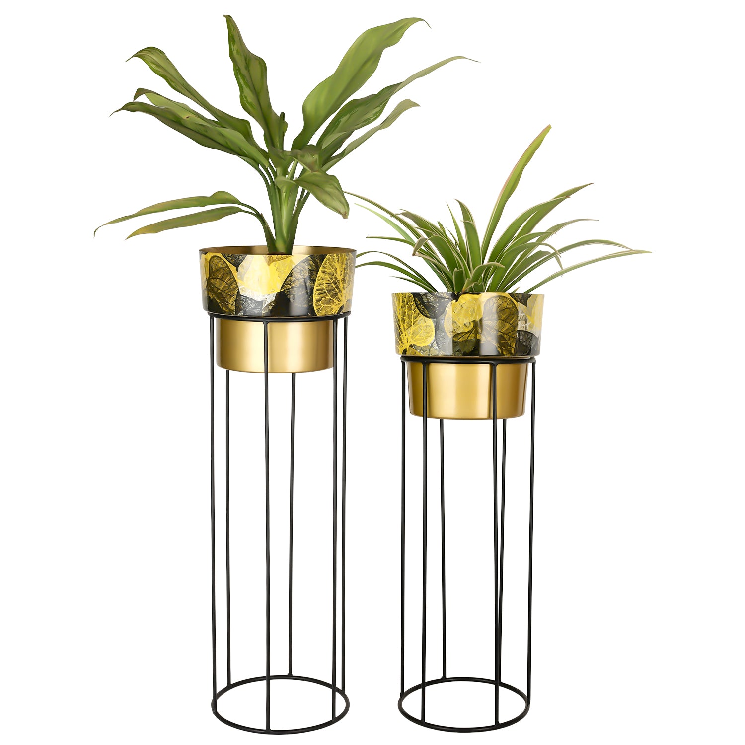 Gold Leaf Design Metal Planter Set –  with Black Stand