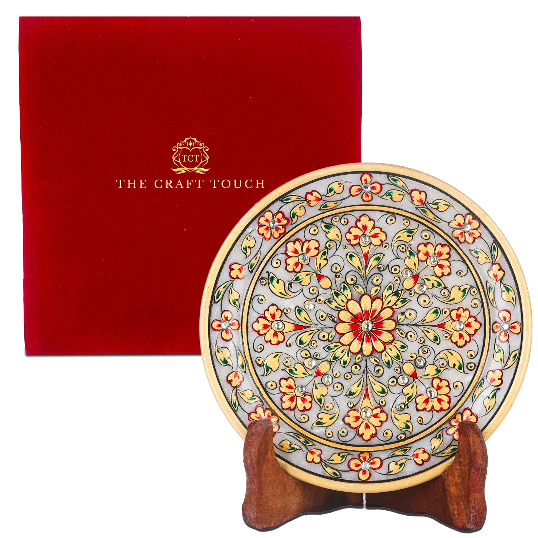 Handcrafted Marble Art Plate – Floral Design in Gold & Red Motif 6inch. (With Velvet Box)