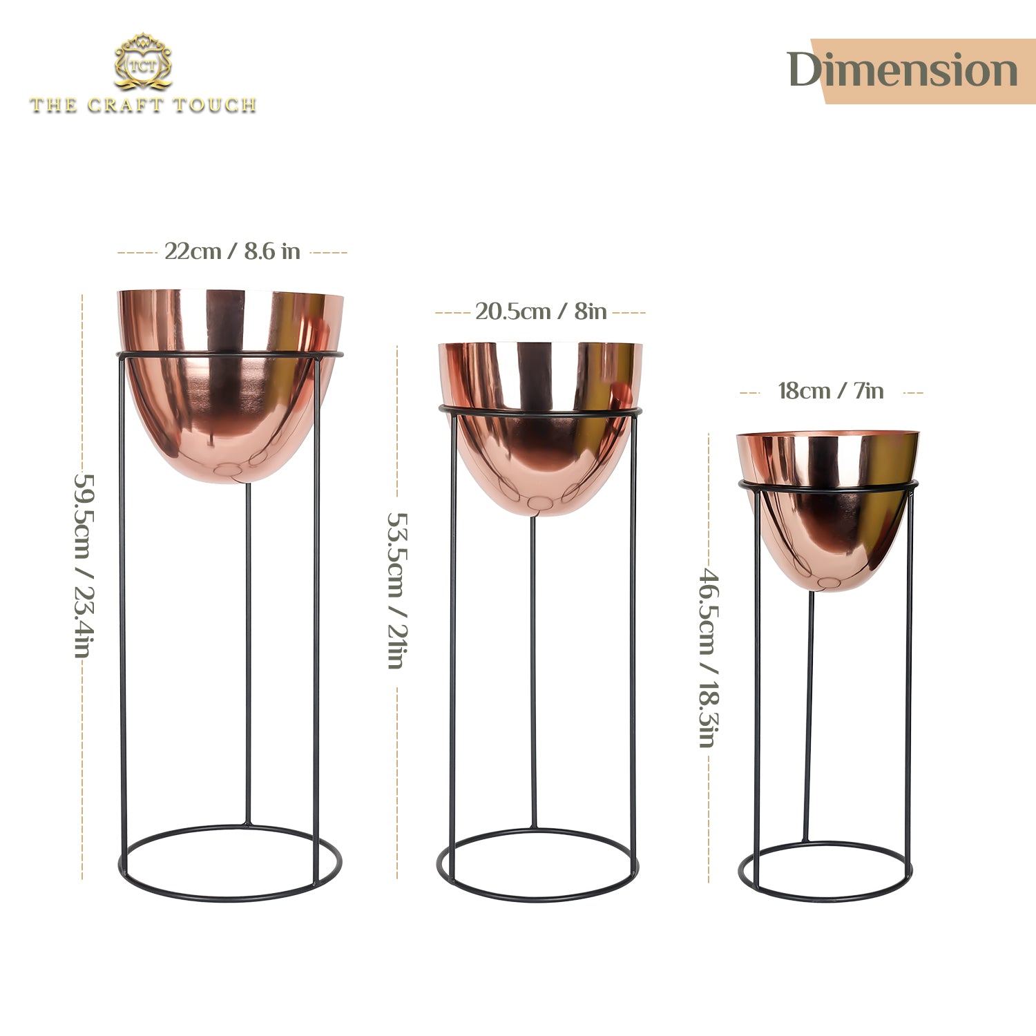 Modern Copper Planter Set – Glossy Finish with Black Stand