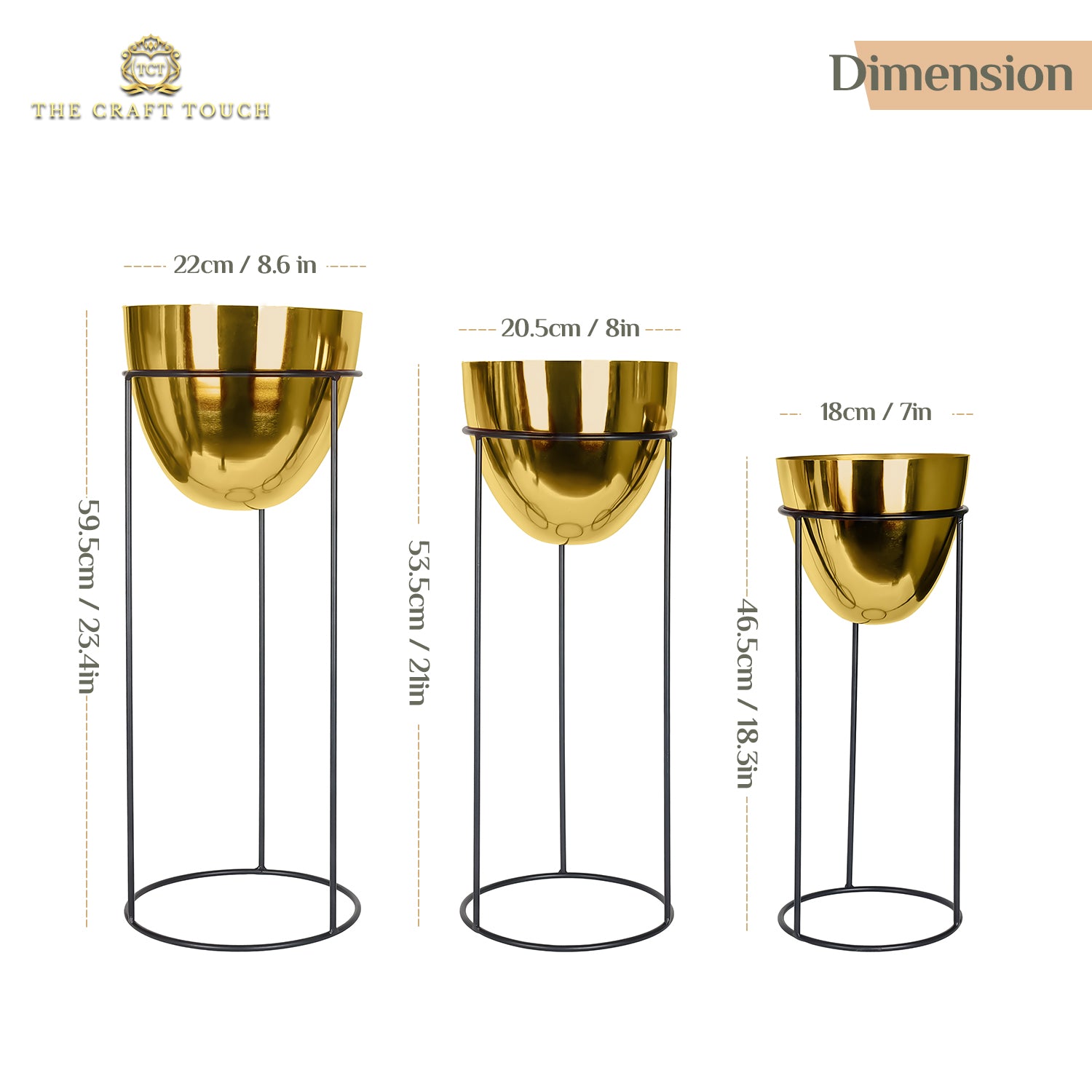 Modern Gold Planter Set – Glossy Finish with Black Stand