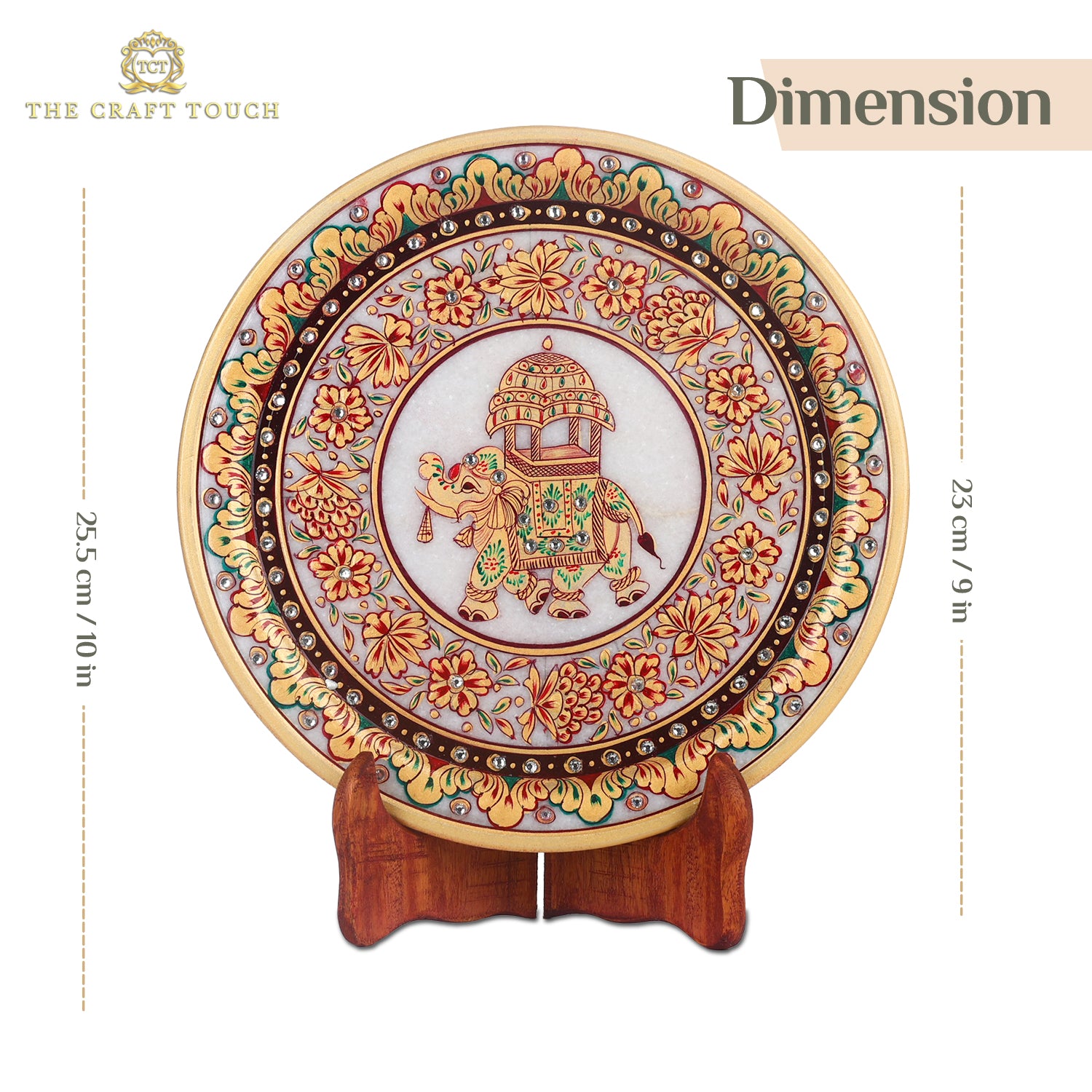 Handcrafted Marble Art Plate – Elephant Design with Gold & Floral Motif 9inch (With Velvet Box)