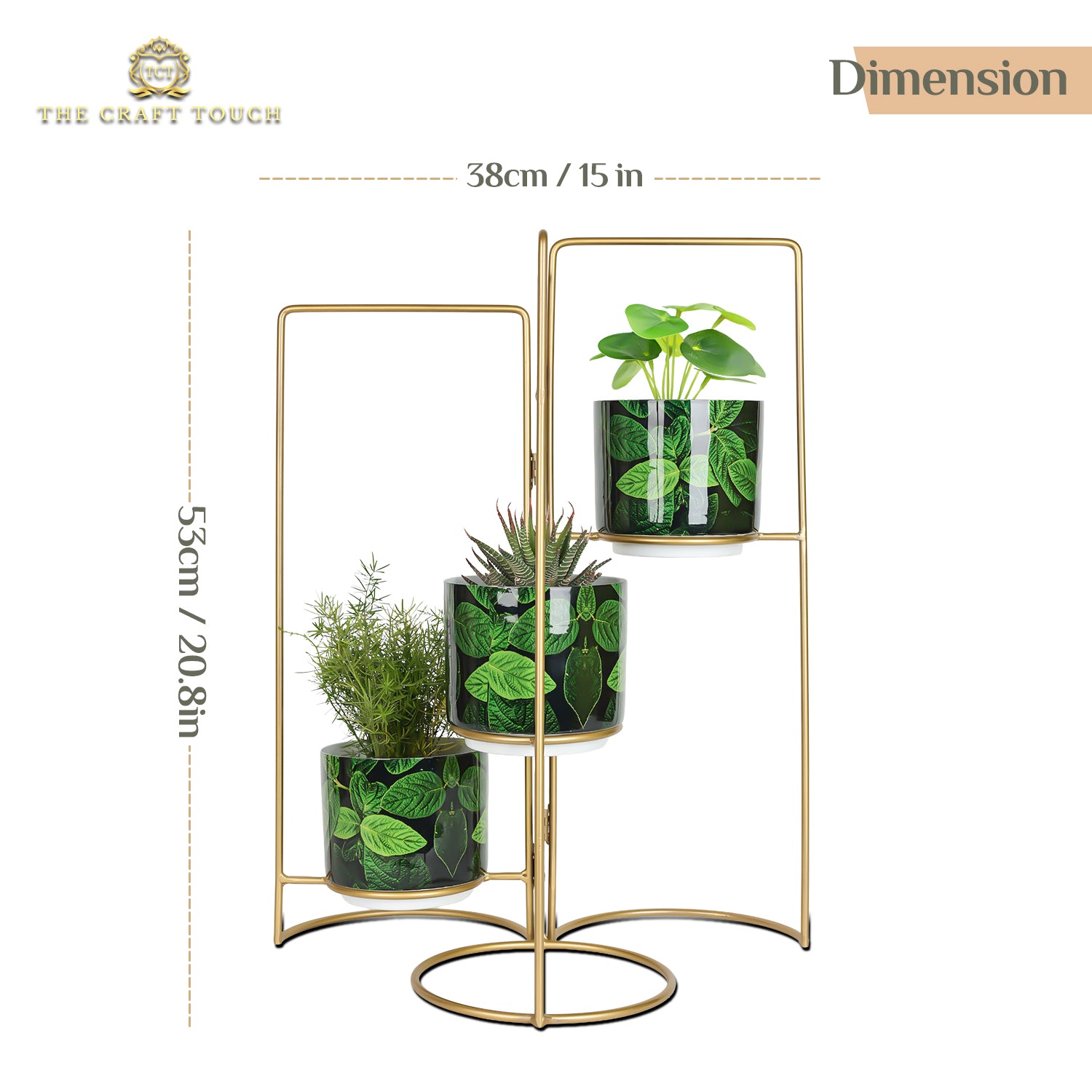 3-Tier Gold Frame Planter Stand with Green Botanical Leaf Pots