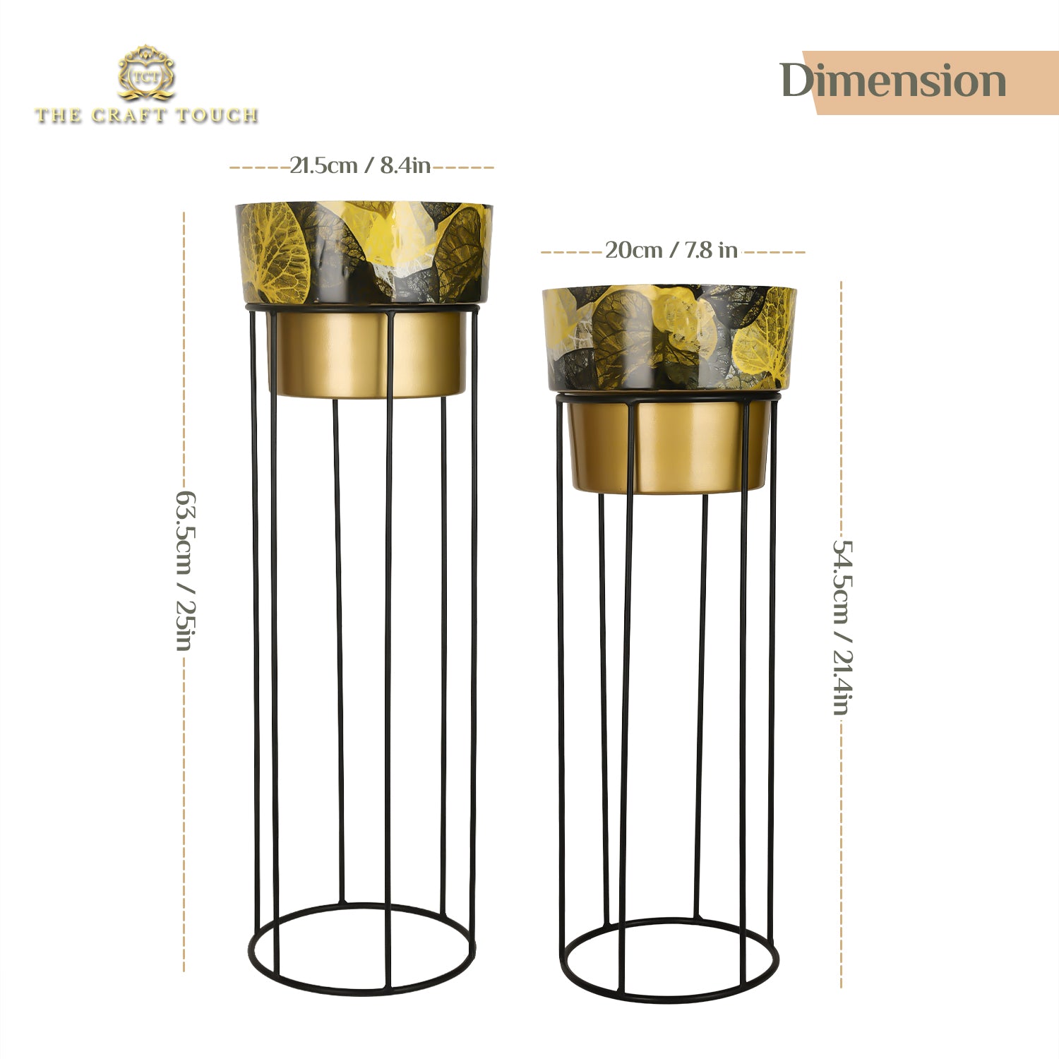 Gold Leaf Design Metal Planter Set –  with Black Stand