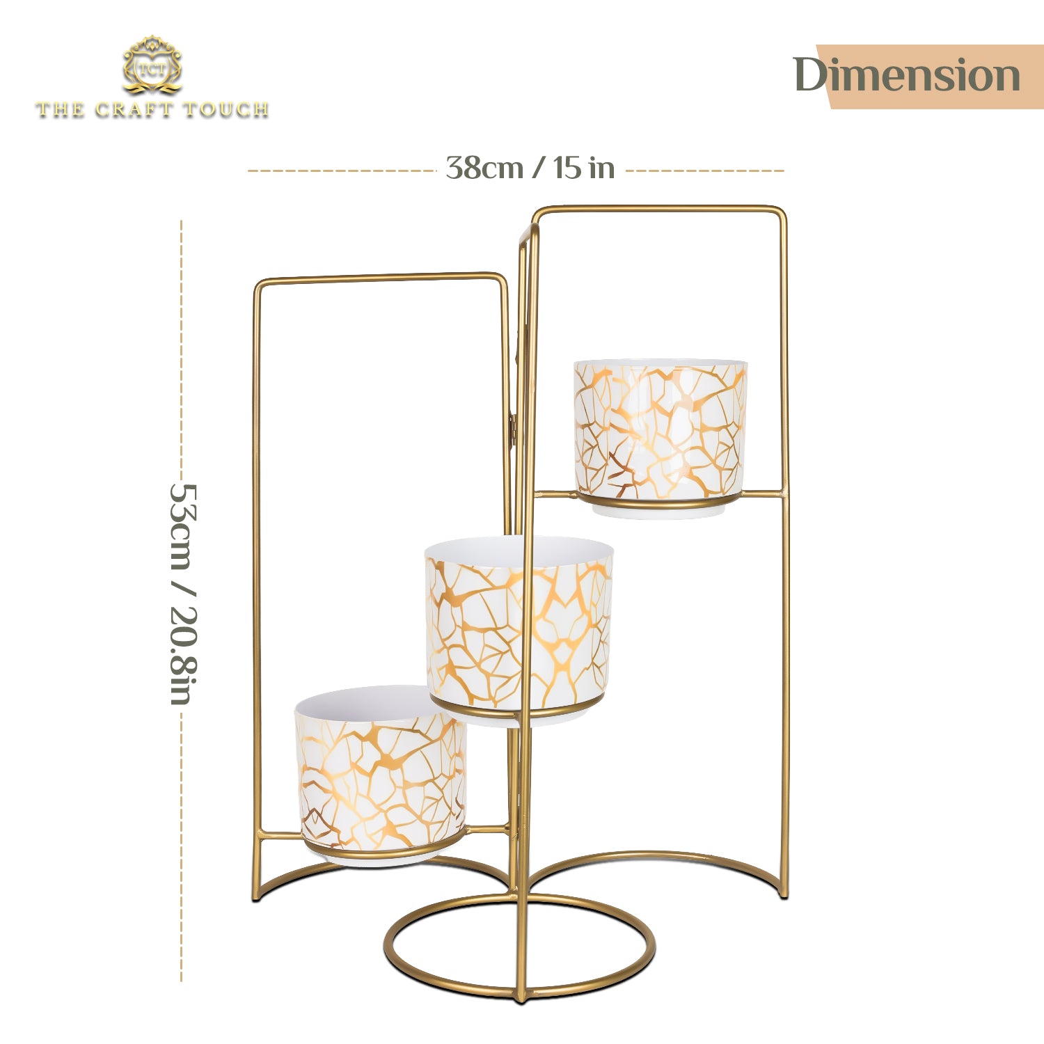 3-Tier Gold Frame Planter Stand with White & Gold Design pots