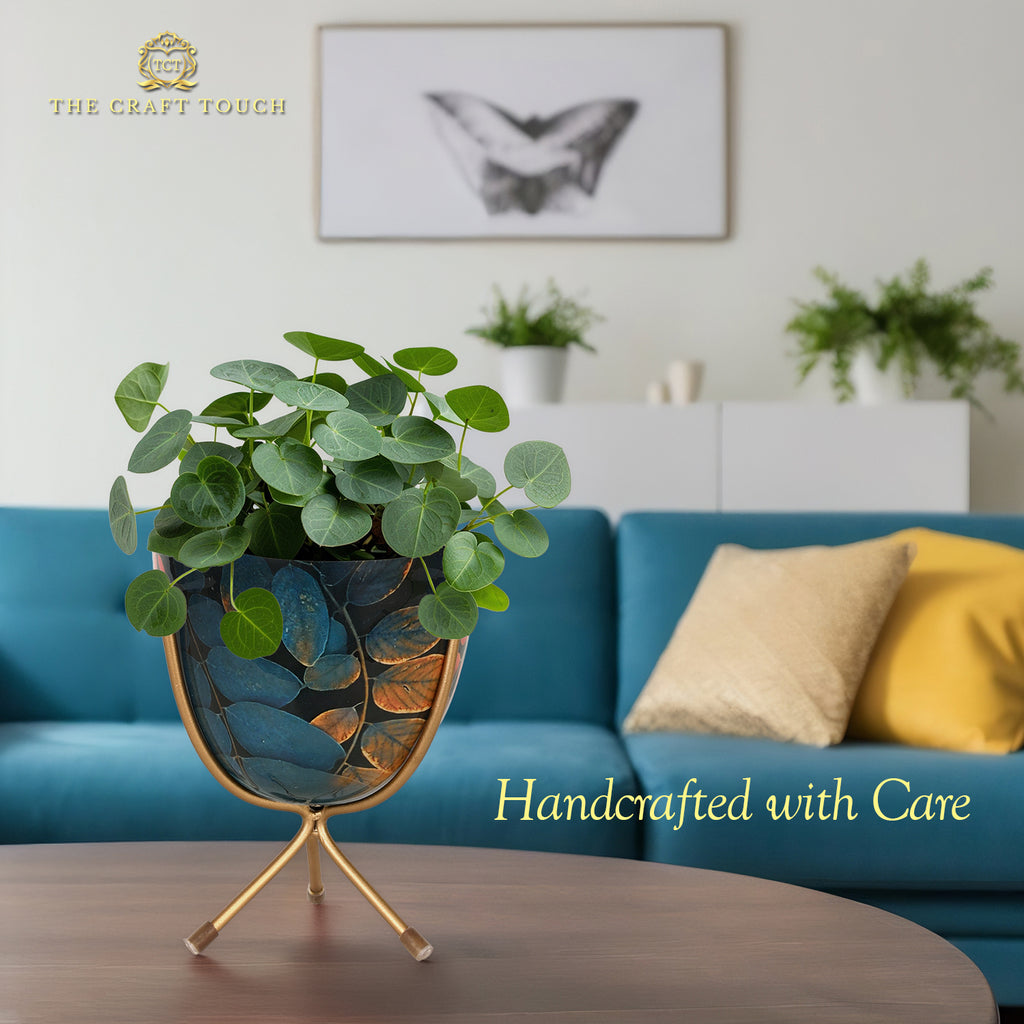 Rust Leaf Design Metal Planter with Gold Stand