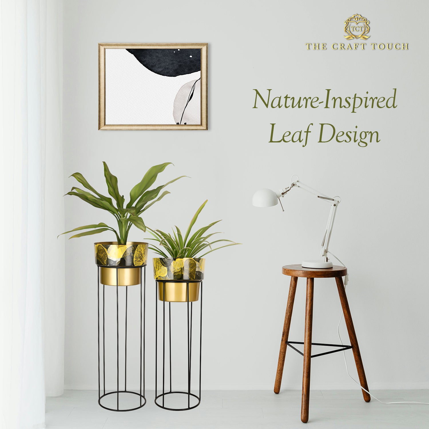 Gold Leaf Design Metal Planter Set –  with Black Stand