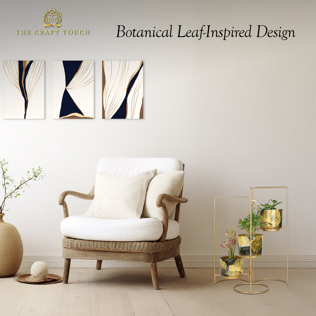 3-Tier Gold Frame Planter Stand with Gold Botanical Leaf Pots