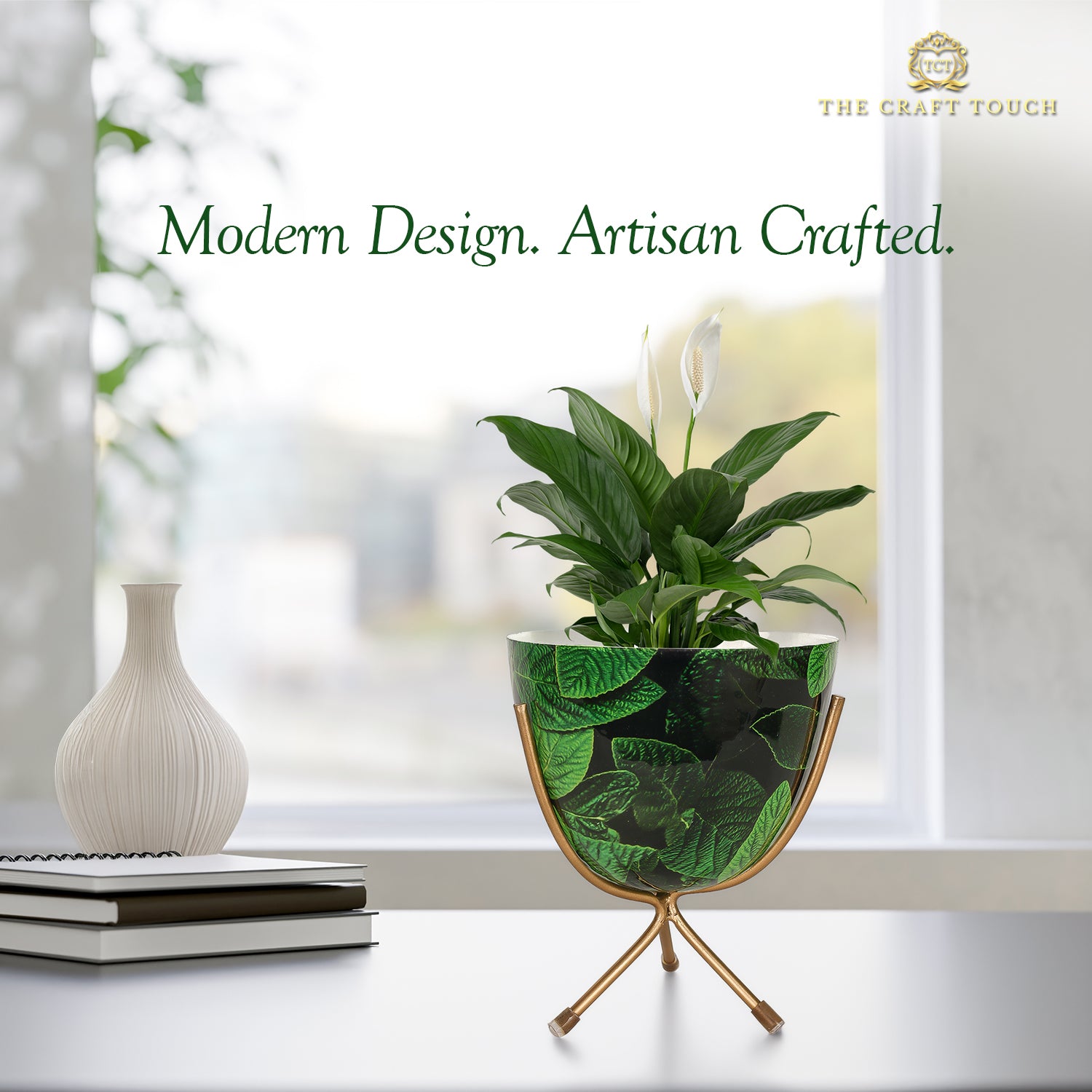 Green Leaf Design Metal Planter with Gold Stand