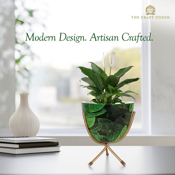 Green Leaf Design Metal Planter with Gold Stand