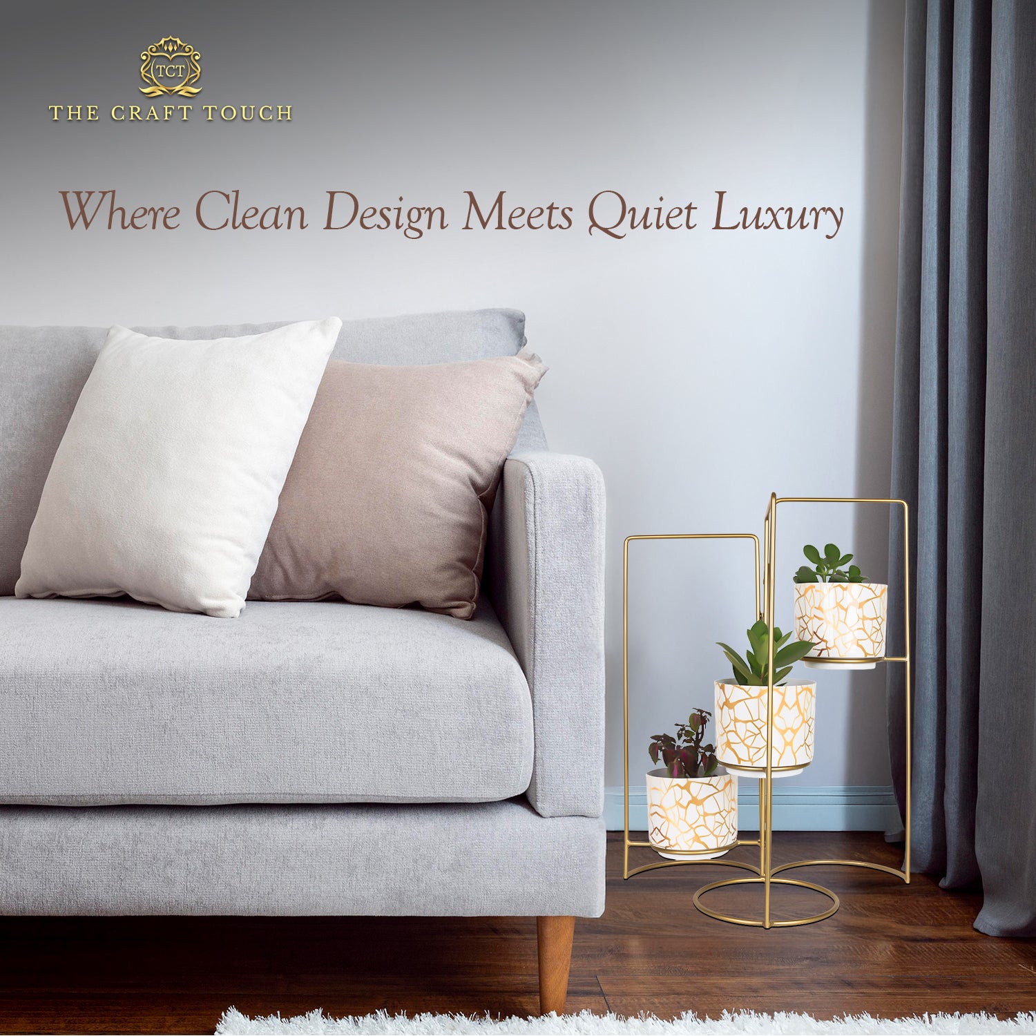 3-Tier Gold Frame Planter Stand with White & Gold Design pots