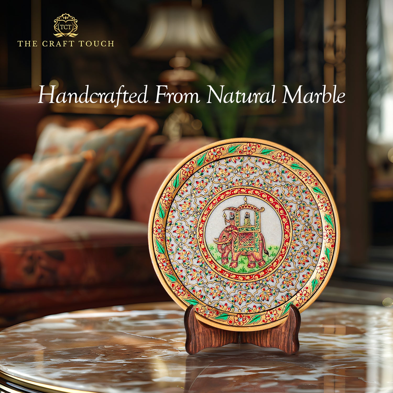 Luxury Handcrafted Marble Art Plate– Peacock & Floral Design (With Velvet Box)