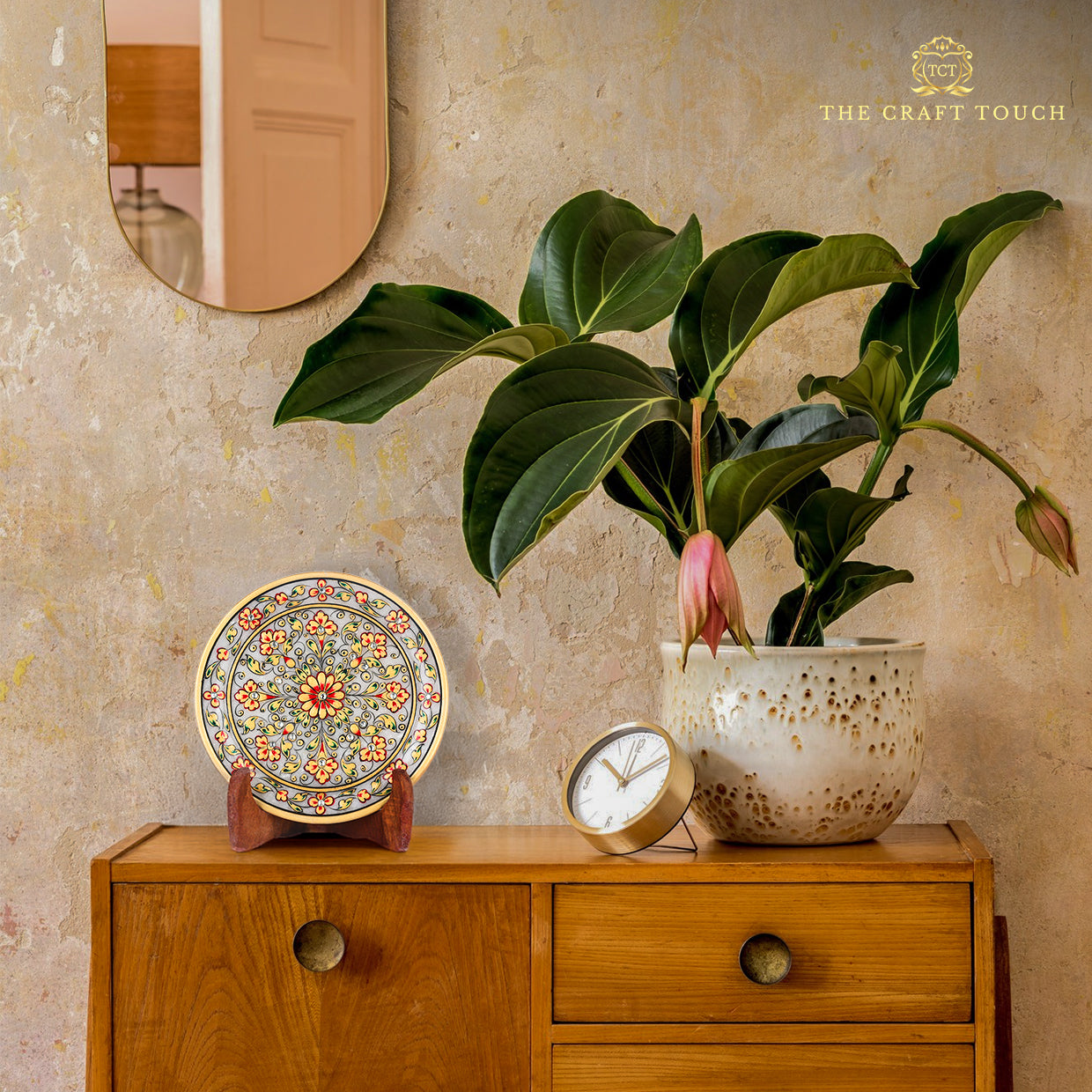 Handcrafted Marble Art Plate – Floral Design in Gold & Red Motif 6inch. (With Velvet Box)