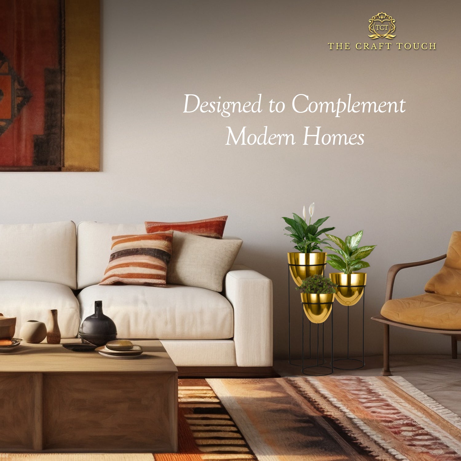 Modern Gold Planter Set – Glossy Finish with Black Stand