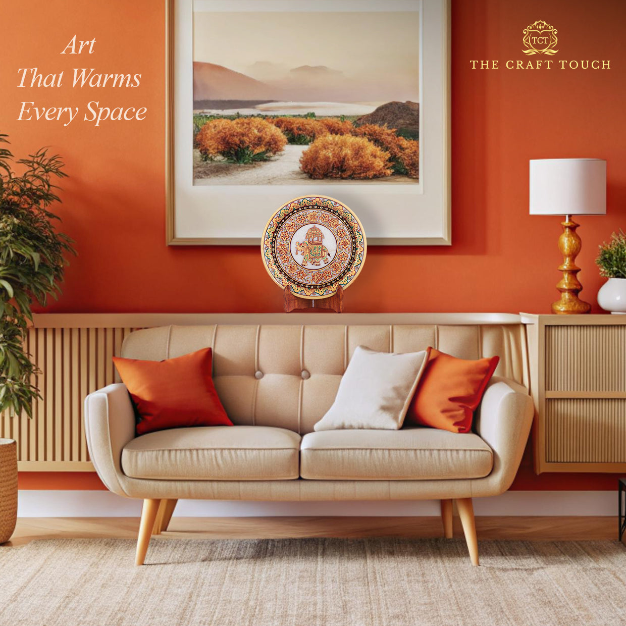 Handcrafted Marble Art Plate – Elephant Design with Gold & Floral Motif 9inch (With Velvet Box)