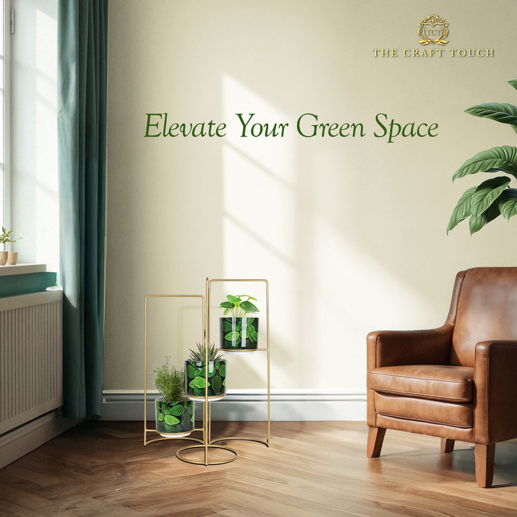 3-Tier Gold Frame Planter Stand with Green Botanical Leaf Pots
