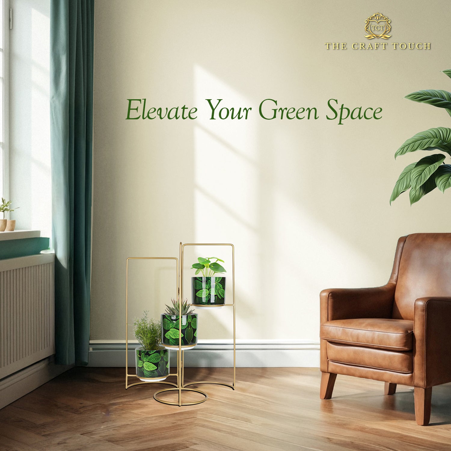 3-Tier Gold Frame Planter Stand with Green Botanical Leaf Pots