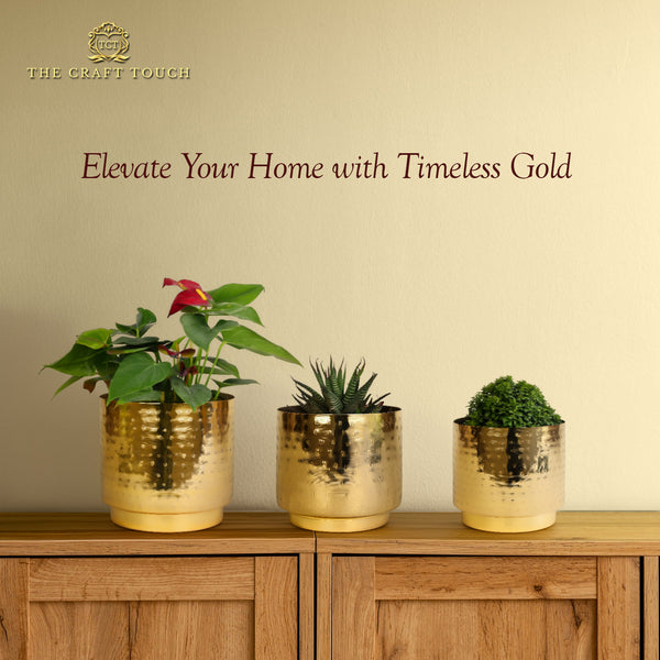 Hammered Gold Metal Planter Set – Design with Gold Finish