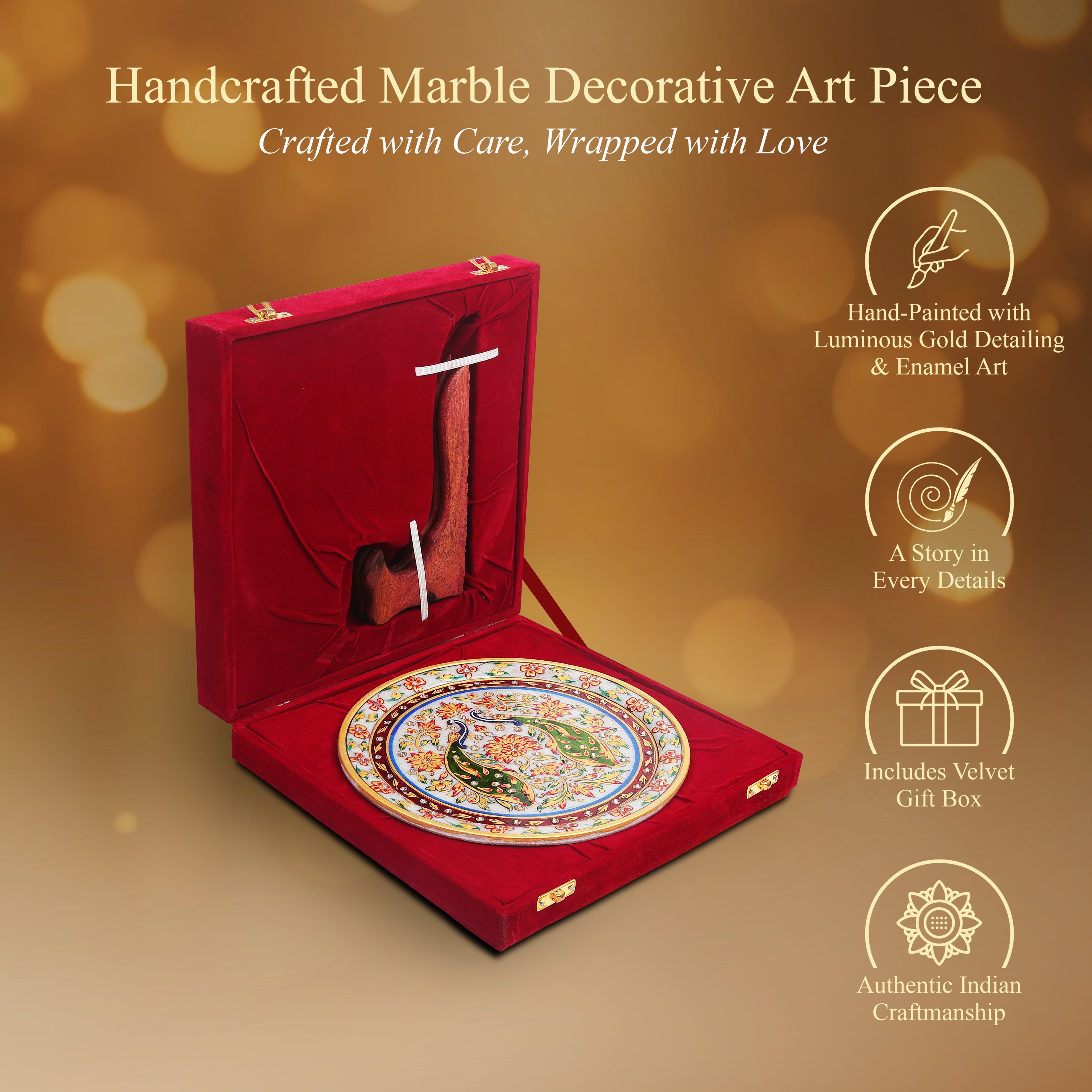 Luxury Handcrafted Marble  art Plate – Peacock & Floral Design 9Inch. (With velvet Box)