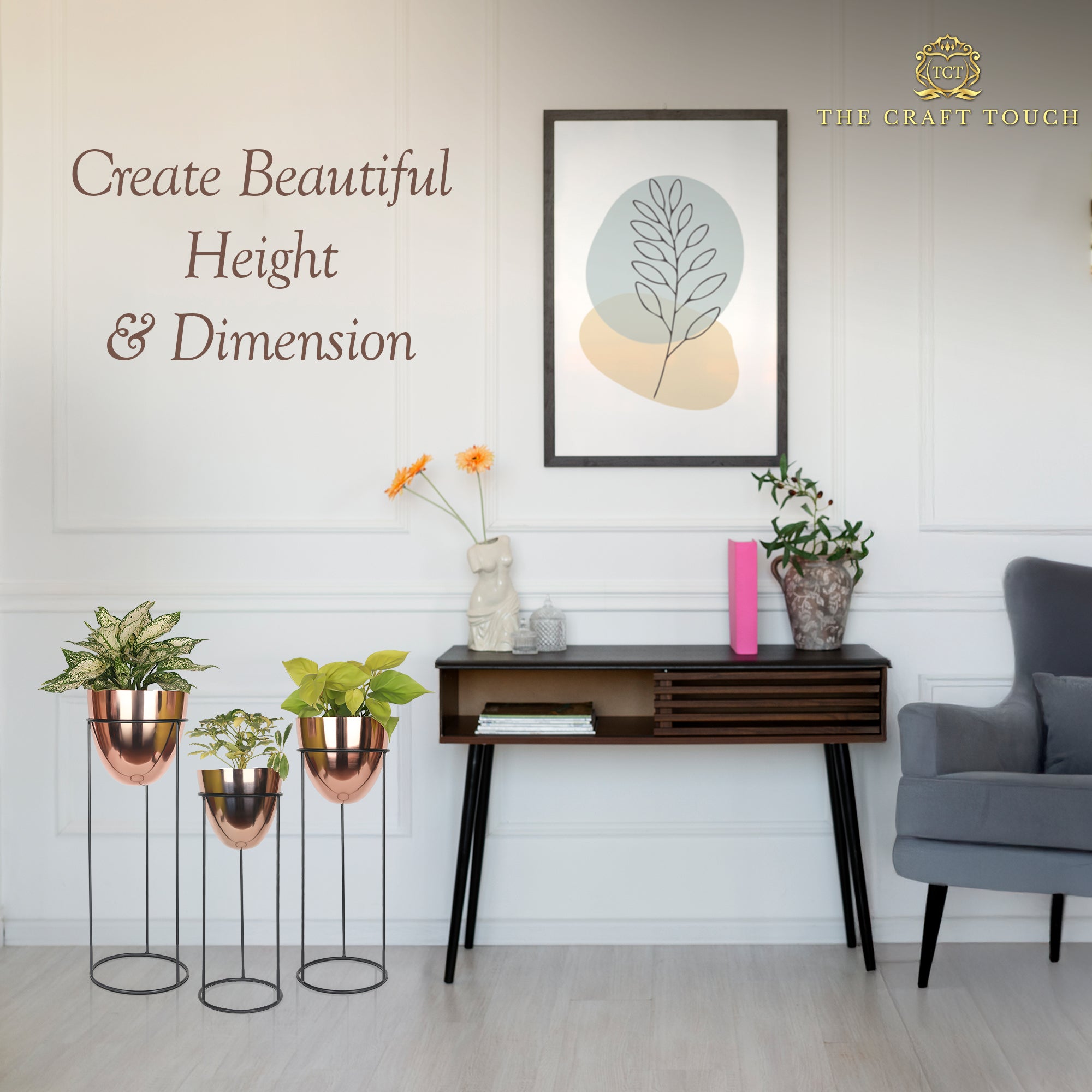 Modern Copper Planter Set – Glossy Finish with Black Stand