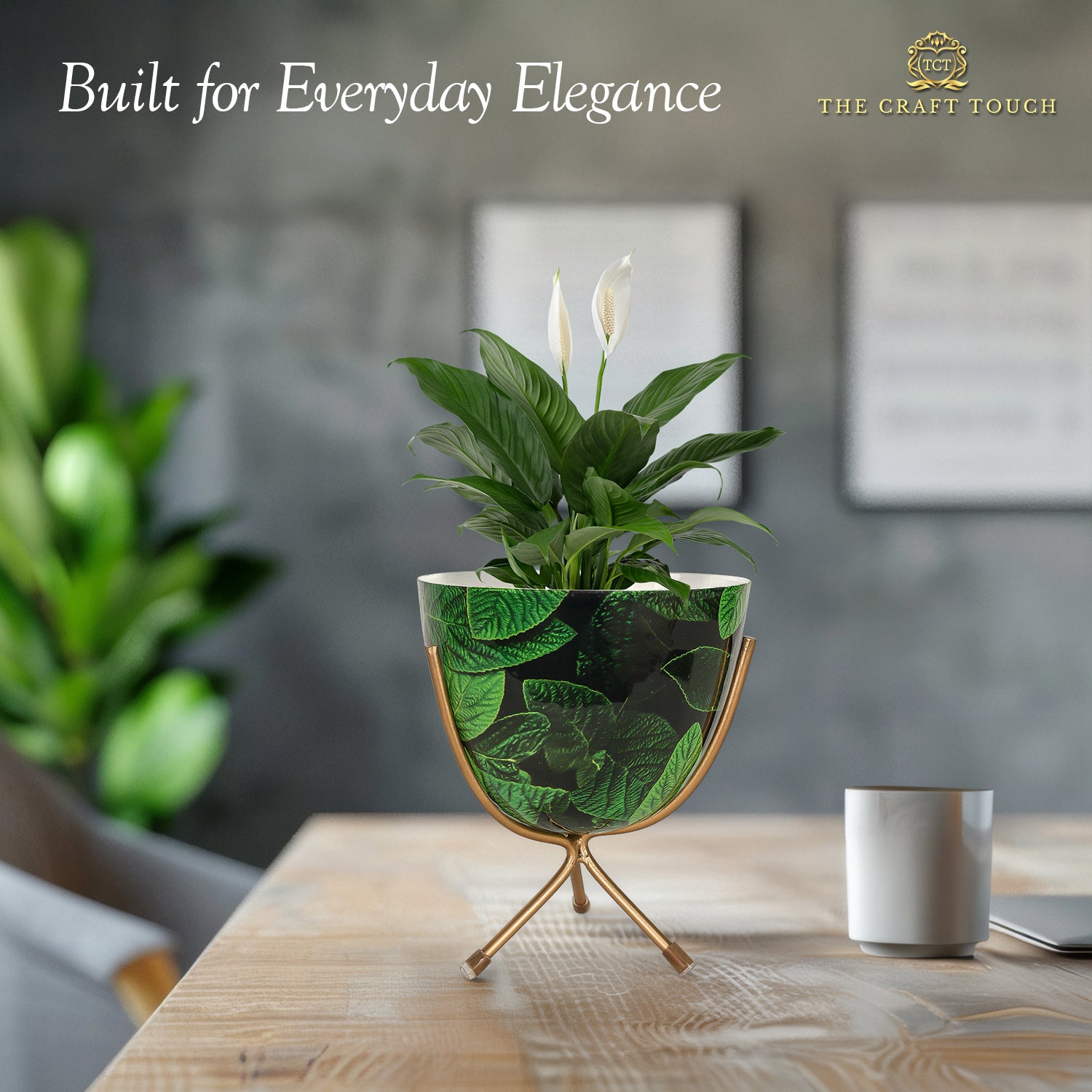 Green Leaf Design Metal Planter with Gold Stand