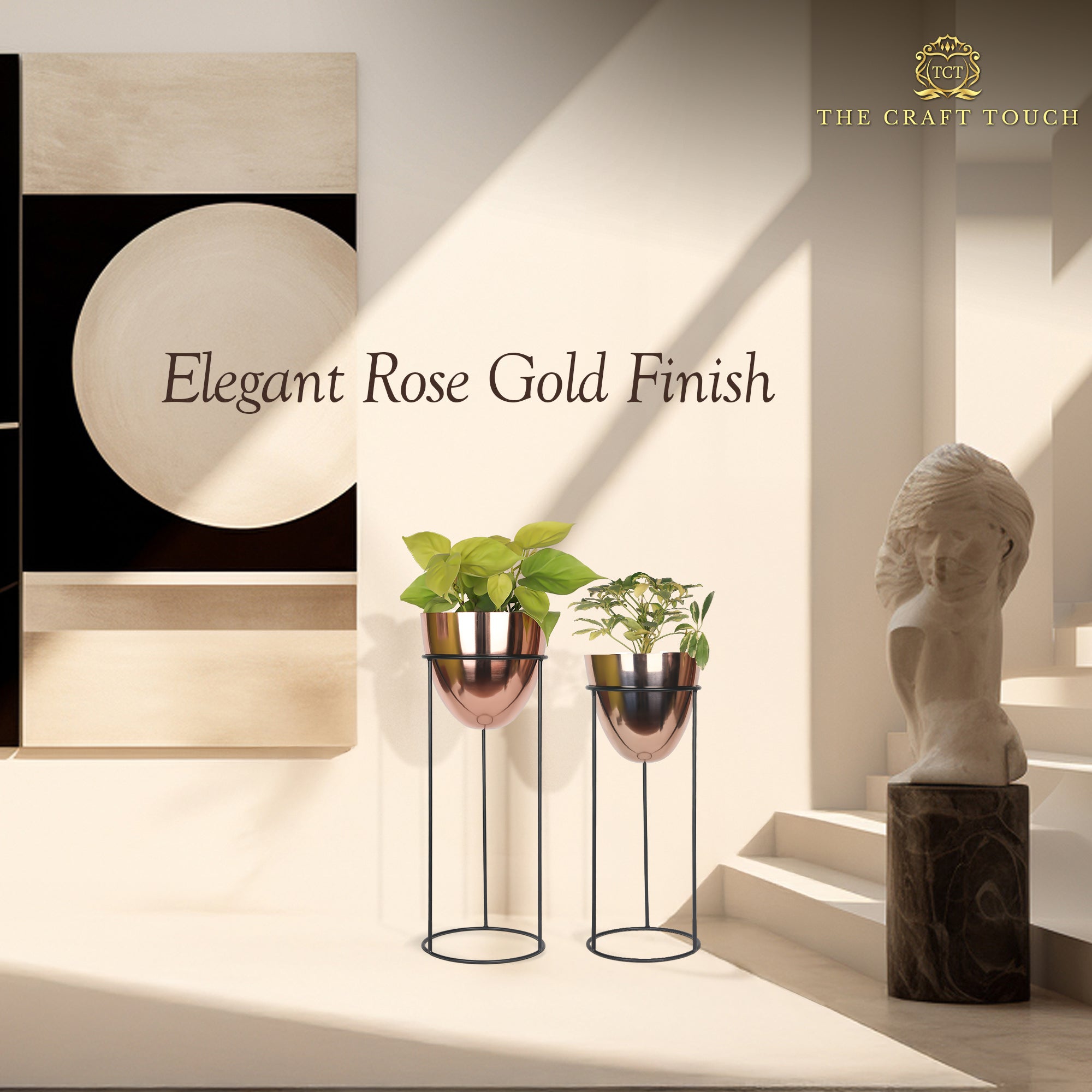 Modern Copper Planter Set – Glossy Finish with Black Stand