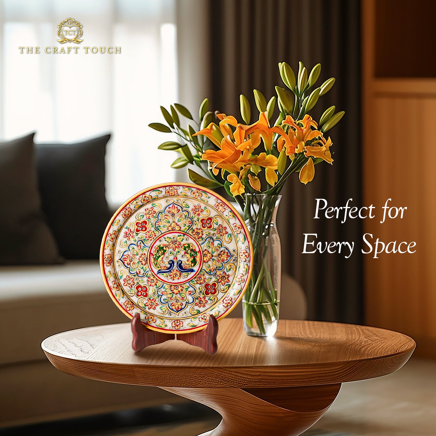 Traditional Elephant Marble Art Plate with Intricate Floral Design