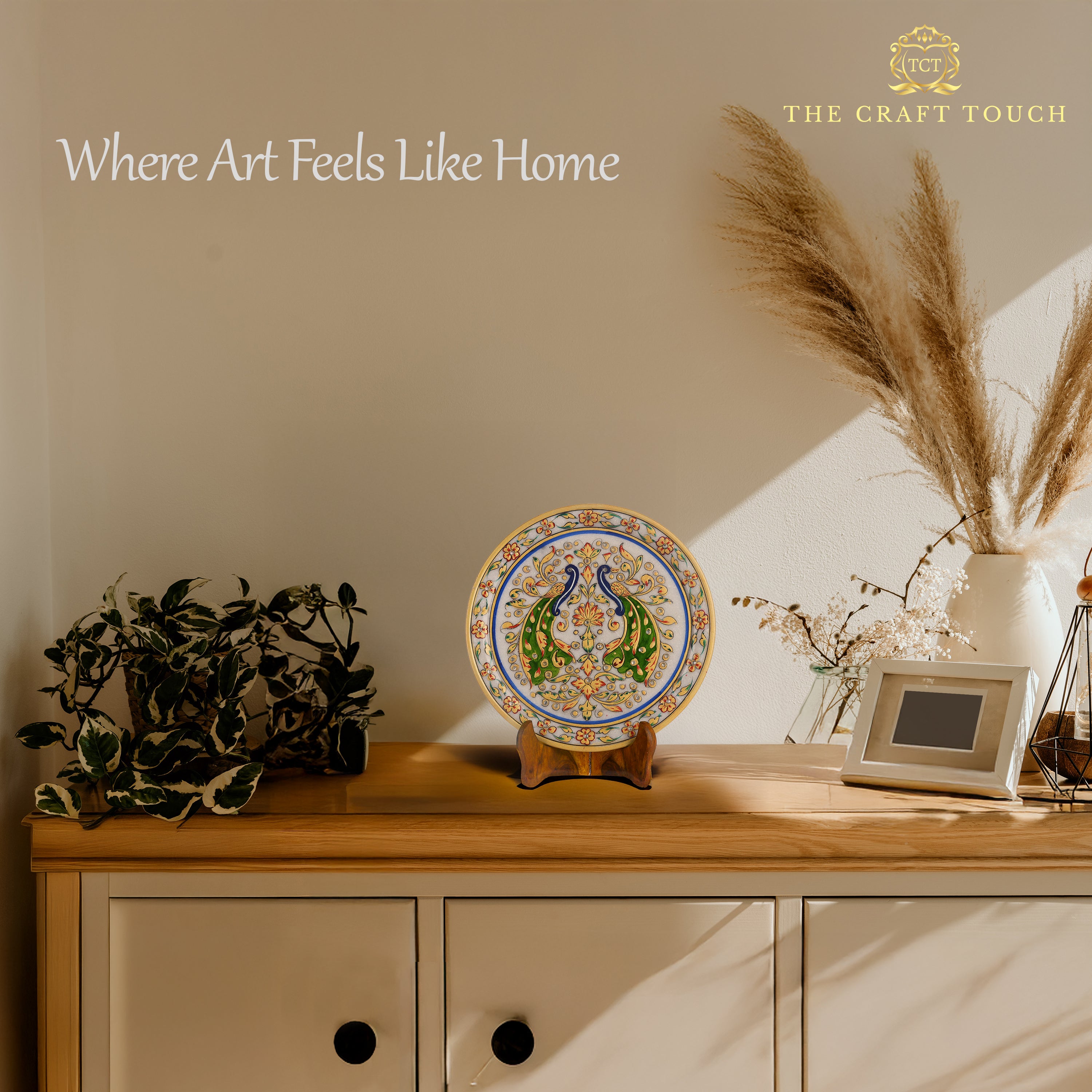 Luxury Handcrafted Marble  art Plate – Peacock & Floral Design 9inch (With Velvet Box)