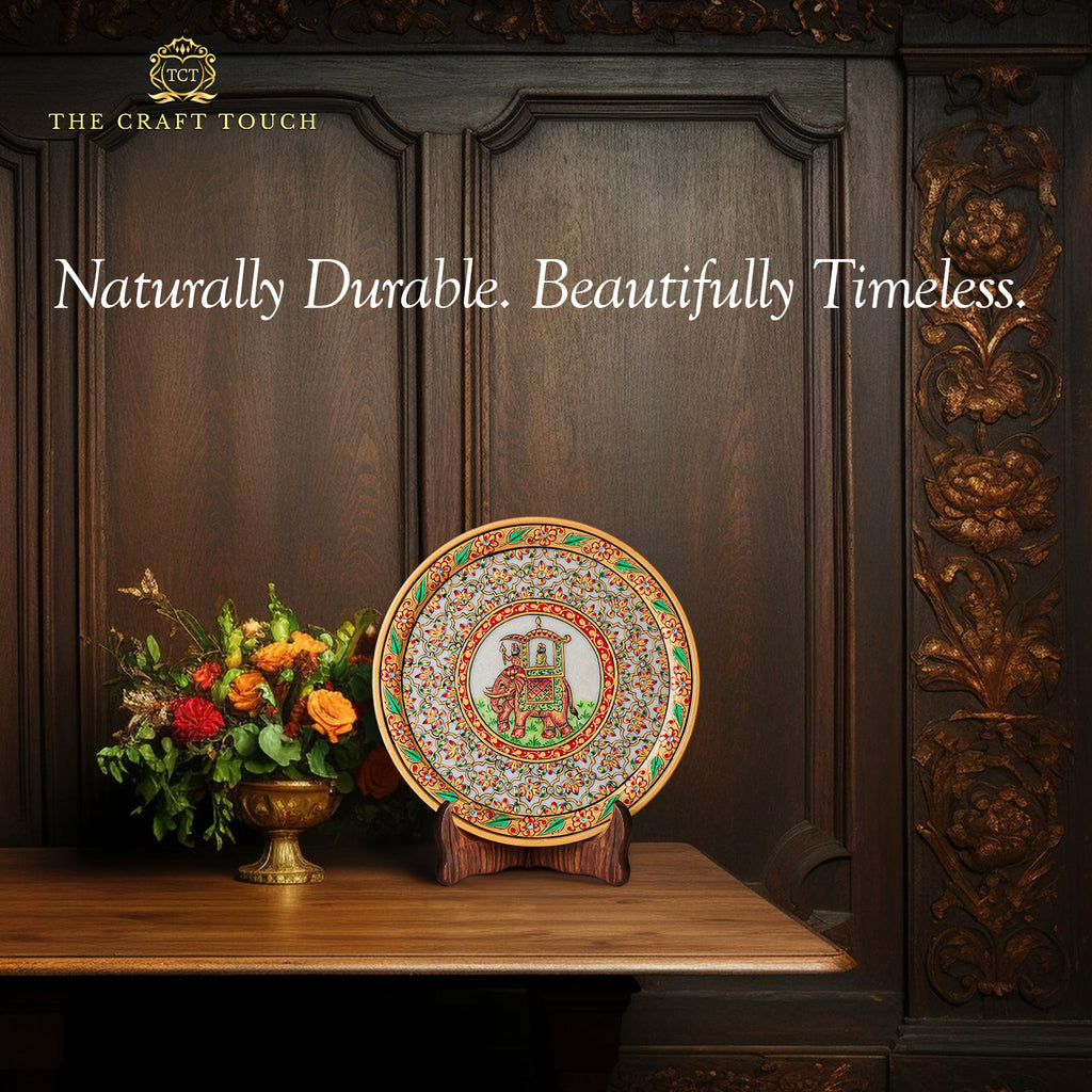 Luxury Handcrafted Marble Art Plate– Peacock & Floral Design (With Velvet Box)