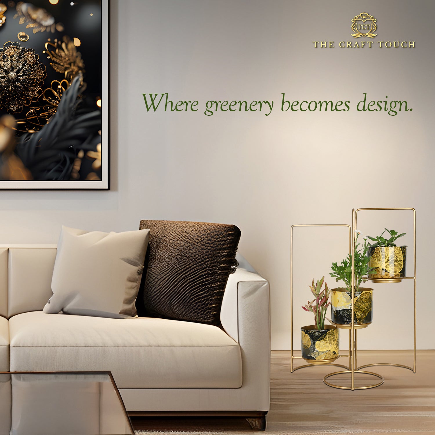 3-Tier Gold Frame Planter Stand with Gold Botanical Leaf Pots