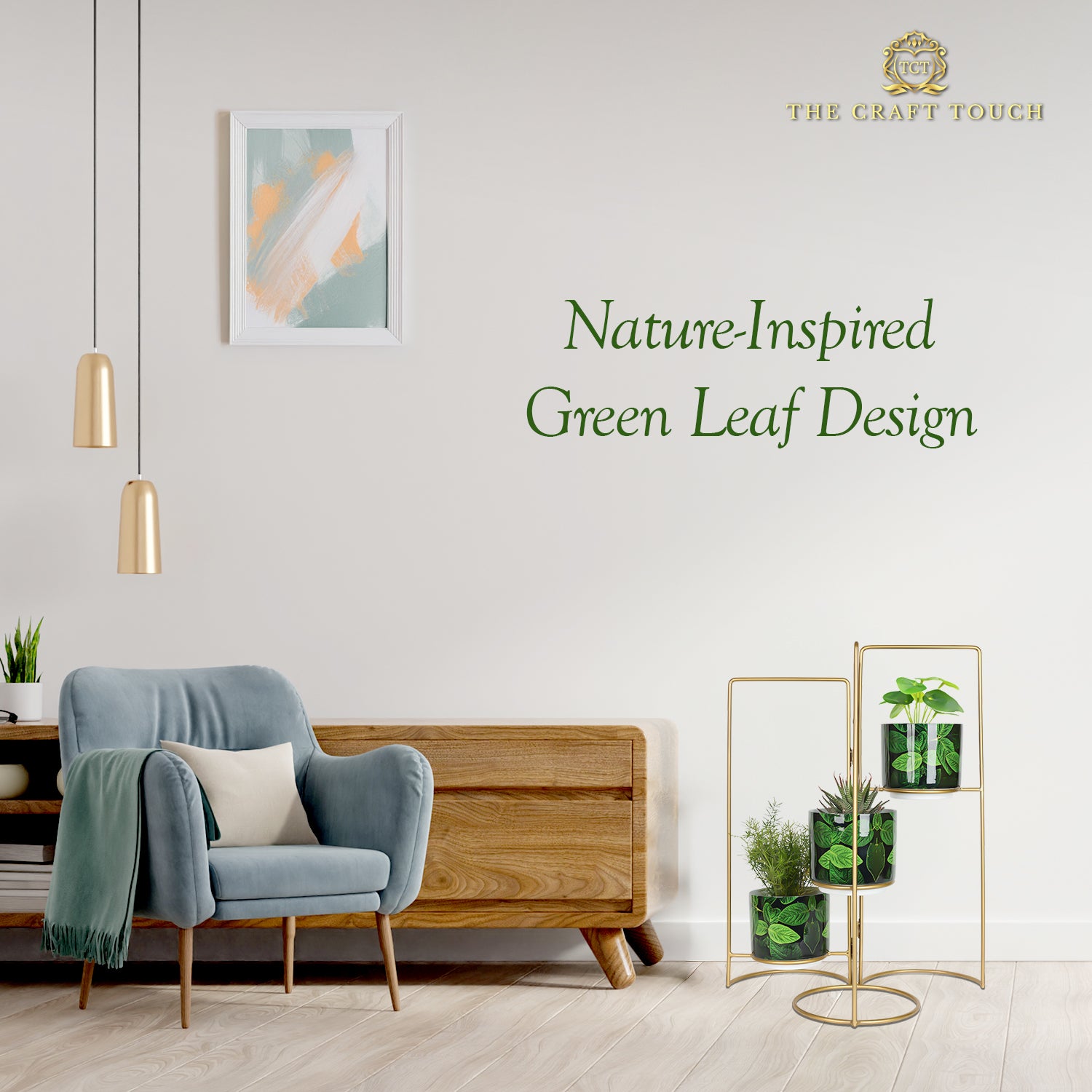 3-Tier Gold Frame Planter Stand with Green Botanical Leaf Pots