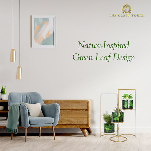 3-Tier Gold Frame Planter Stand with Green Botanical Leaf Pots