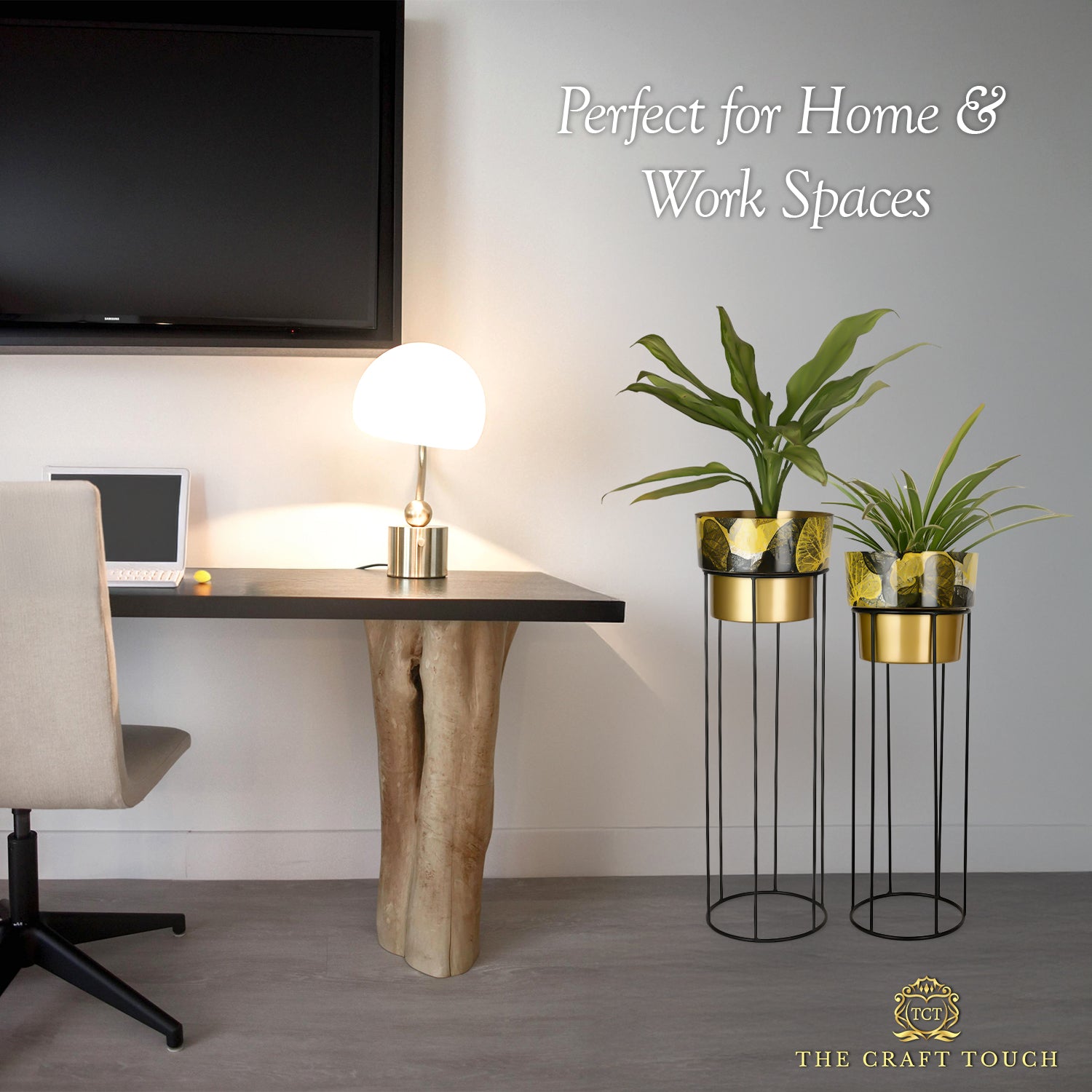 Gold Leaf Design Metal Planter Set –  with Black Stand