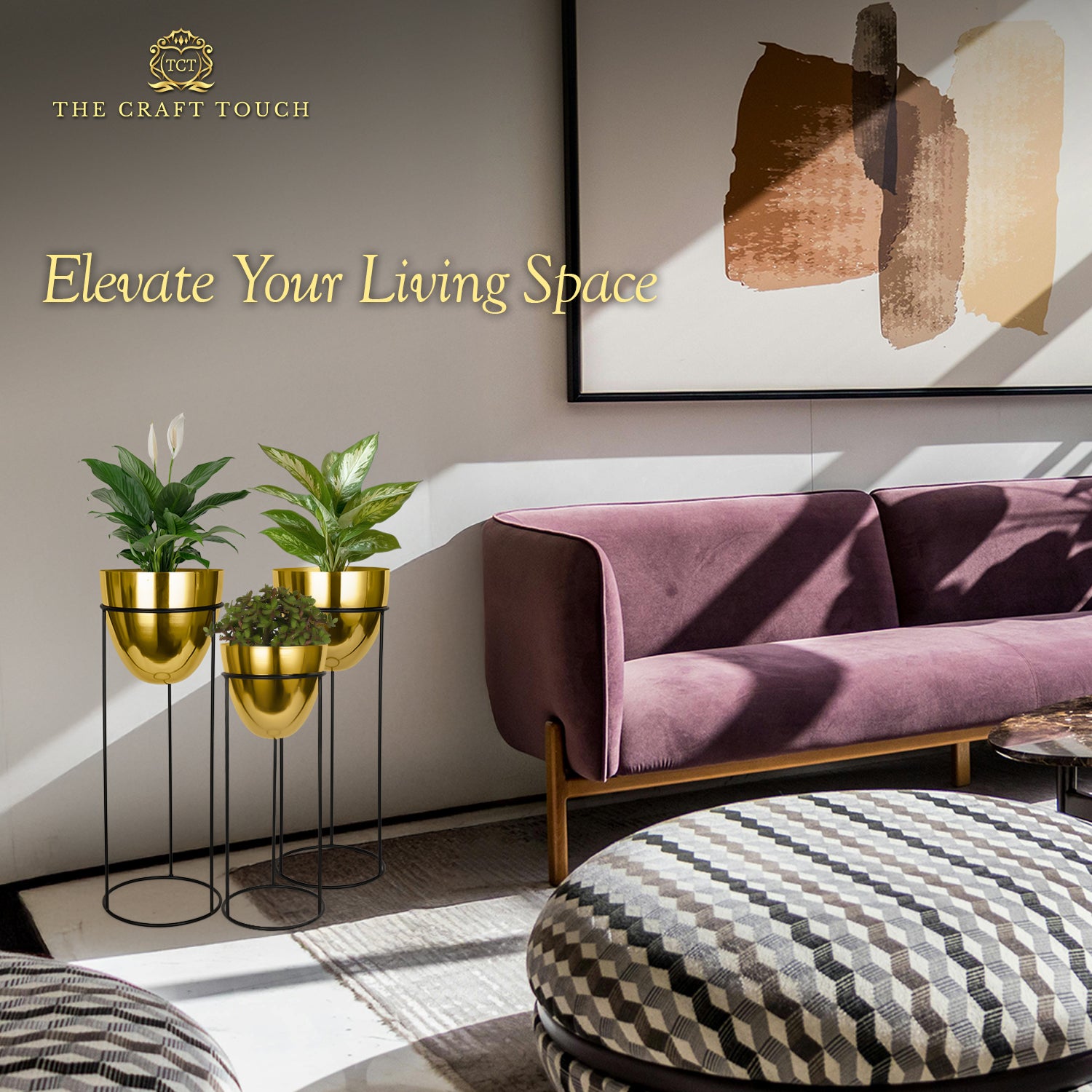 Modern Gold Planter Set – Glossy Finish with Black Stand