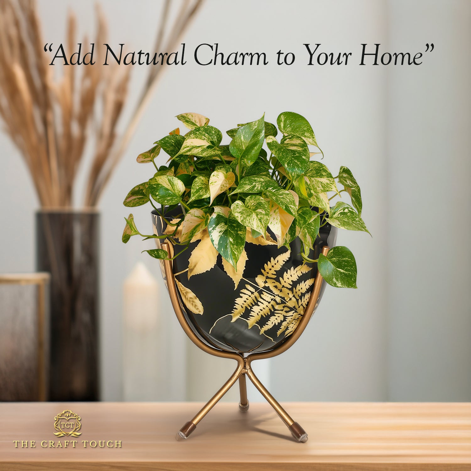 Black & Gold Botanical Metal Planter with Sculptural Stand